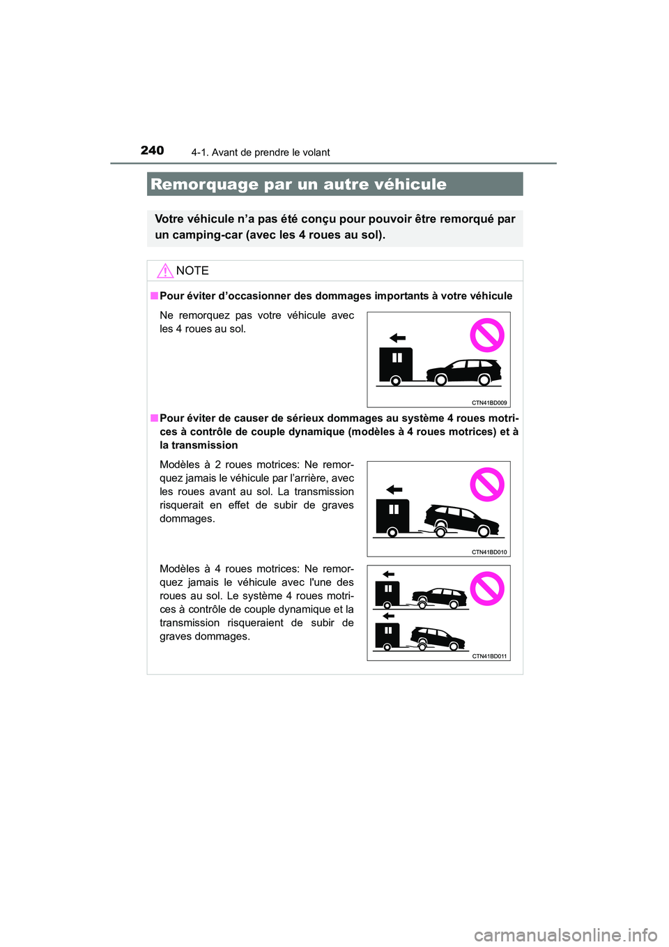 TOYOTA HIGHLANDER 2015  Manuel du propriétaire (in French) 2404-1. Avant de prendre le volant
HIGHLANDER_D (OM48E98D)
Remorquage par un autre véhicule
Votre véhicule n’a pas été conçu pour pouvoir être remorqué par
un camping-car (avec les 4 roues au