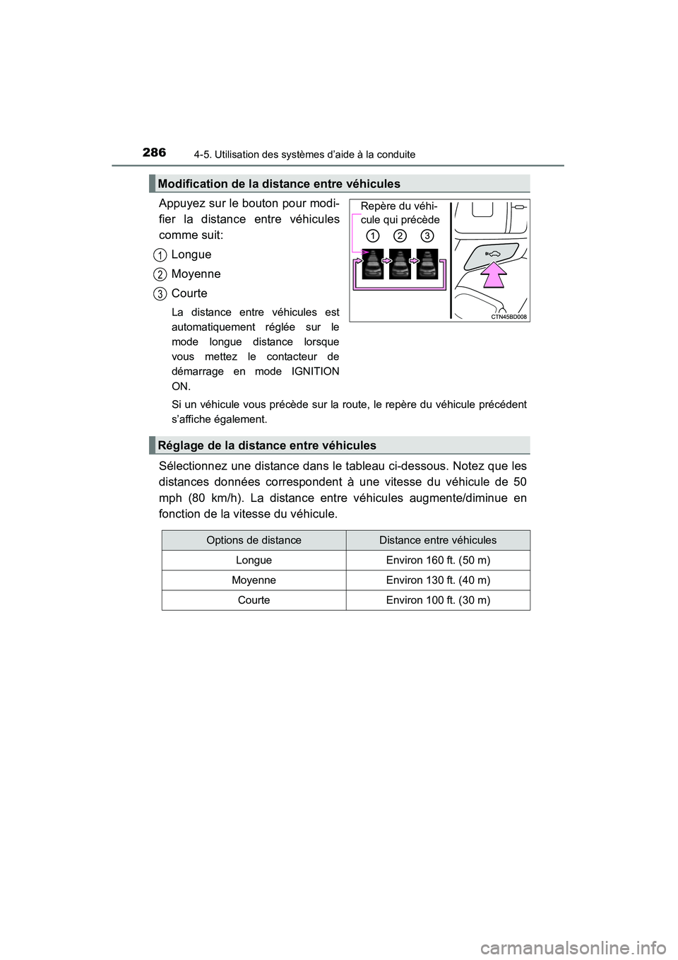 TOYOTA HIGHLANDER 2015 Manuel du propriétaire (in French) 2864-5. Utilisation des systèmes d’aide à la conduite
HIGHLANDER_D (OM48E98D)
Appuyez sur le bouton pour modi-
fier la distance entre véhicules
comme suit:Longue
Moyenne
Courte
La distance entre TOYOTA HIGHLANDER 2015 Manuel du propriétaire (in French) 2864-5. Utilisation des systèmes d’aide à la conduite
HIGHLANDER_D (OM48E98D)
Appuyez sur le bouton pour modi-
fier la distance entre véhicules
comme suit:Longue
Moyenne
Courte
La distance entre