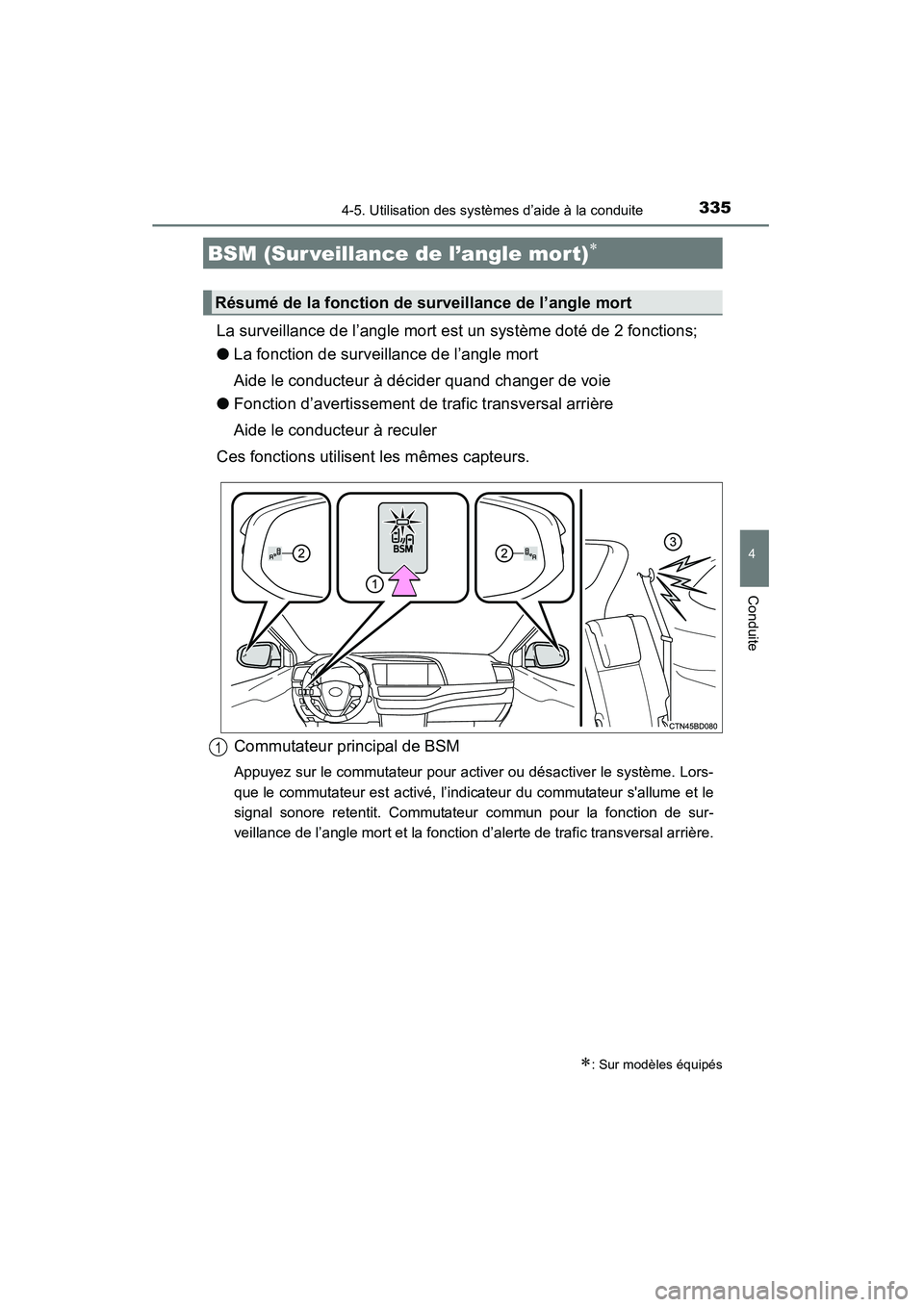 TOYOTA HIGHLANDER 2015  Manuel du propriétaire (in French) 3354-5. Utilisation des systèmes d’aide à la conduite
4
Conduite
HIGHLANDER_D (OM48E98D)
La surveillance de l’angle mort est un système doté de 2 fonctions;
●La fonction de surveillance de l