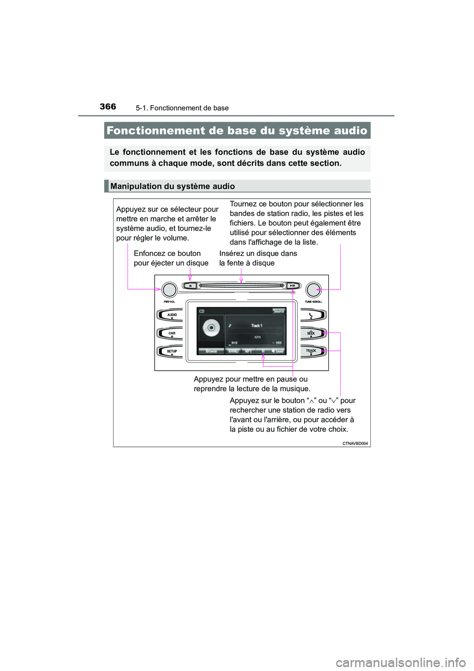 TOYOTA HIGHLANDER 2015 Manuel du propriétaire (in French) 3665-1. Fonctionnement de base
HIGHLANDER_D (OM48E98D)
Fonctionnement de base du système audio
Le fonctionnement et les fonctions de base du système audio
communs à chaque mode, sont décrits dans TOYOTA HIGHLANDER 2015 Manuel du propriétaire (in French) 3665-1. Fonctionnement de base
HIGHLANDER_D (OM48E98D)
Fonctionnement de base du système audio
Le fonctionnement et les fonctions de base du système audio
communs à chaque mode, sont décrits dans