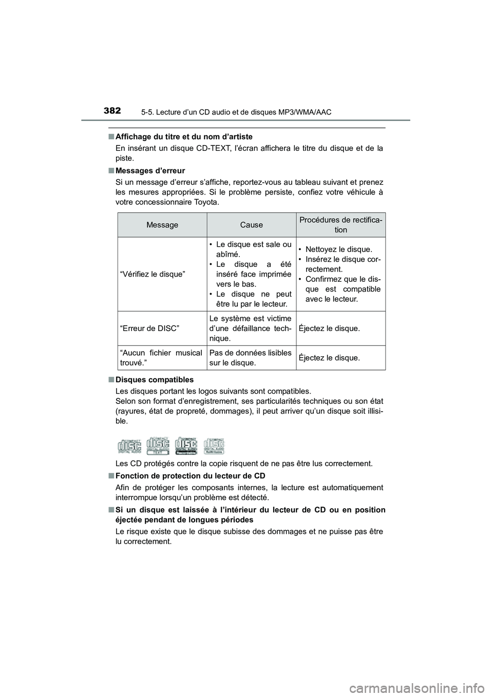 TOYOTA HIGHLANDER 2015 Manuel du propriétaire (in French) 3825-5. Lecture d’un CD audio et de disques MP3/WMA/AAC
HIGHLANDER_D (OM48E98D)
■Affichage du titre et du nom d’artiste
En insérant un disque CD-TEXT, l’écran affichera le titre du disque e TOYOTA HIGHLANDER 2015 Manuel du propriétaire (in French) 3825-5. Lecture d’un CD audio et de disques MP3/WMA/AAC
HIGHLANDER_D (OM48E98D)
■Affichage du titre et du nom d’artiste
En insérant un disque CD-TEXT, l’écran affichera le titre du disque e
