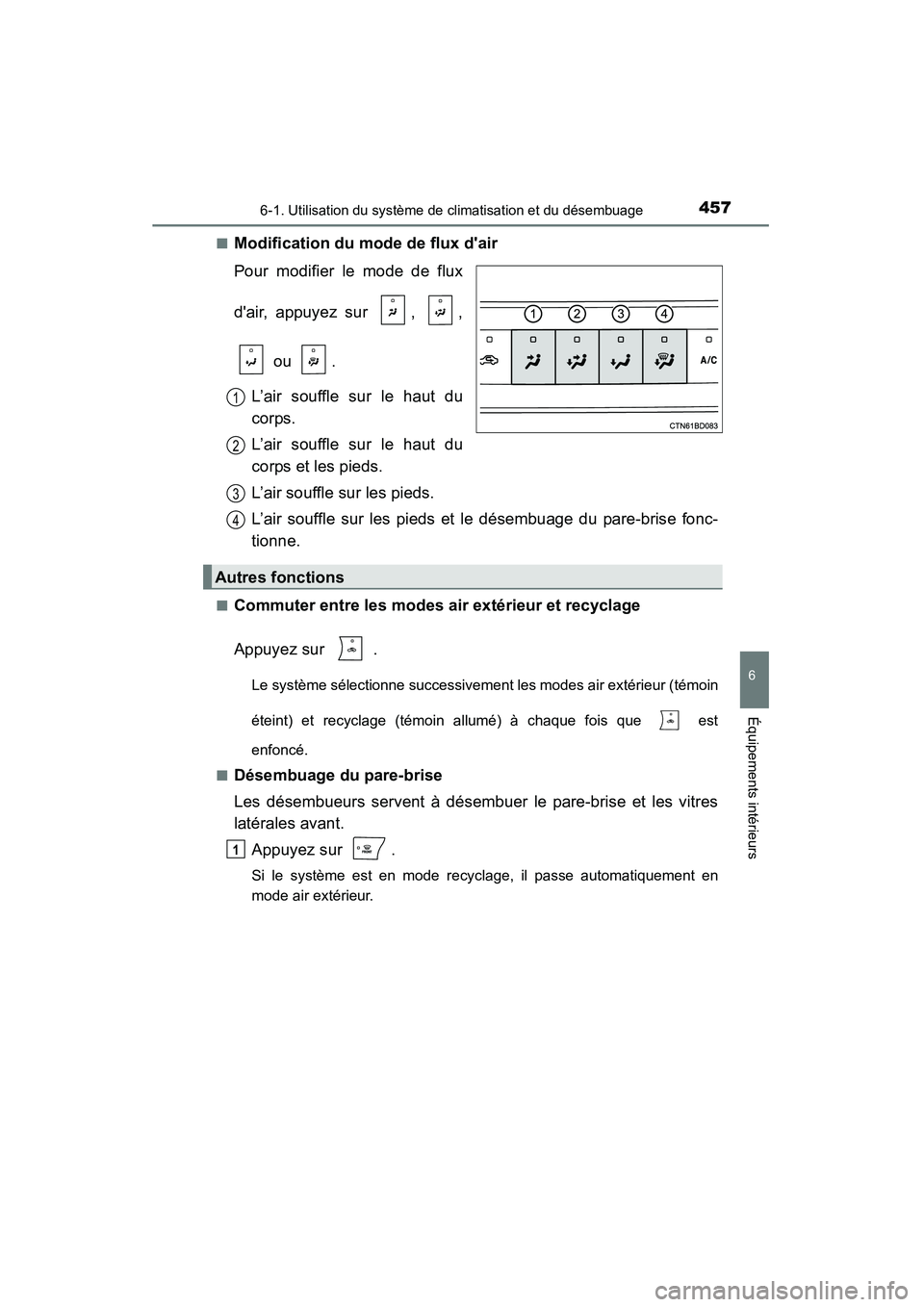 TOYOTA HIGHLANDER 2015  Manuel du propriétaire (in French) 4576-1. Utilisation du système de climatisation et du désembuage
6
Équipements intérieurs
HIGHLANDER_D (OM48E98D)■
Modification du mode de flux dair
Pour modifier le mode de flux
dair, appuyez