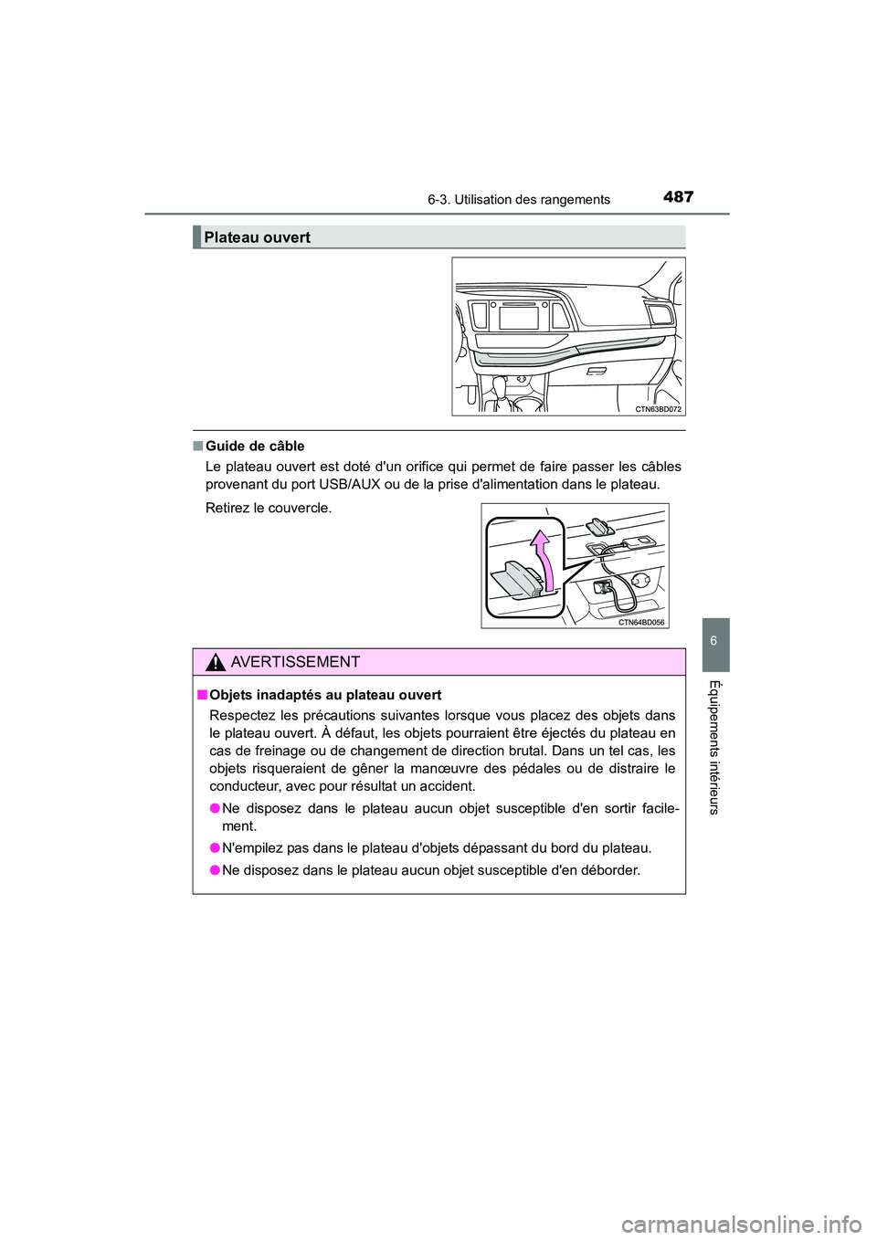 TOYOTA HIGHLANDER 2015  Manuel du propriétaire (in French) 4876-3. Utilisation des rangements
6
Équipements intérieurs
HIGHLANDER_D (OM48E98D)
■Guide de câble
Le plateau ouvert est doté dun orifice qui permet de faire passer les câbles
provenant du po
