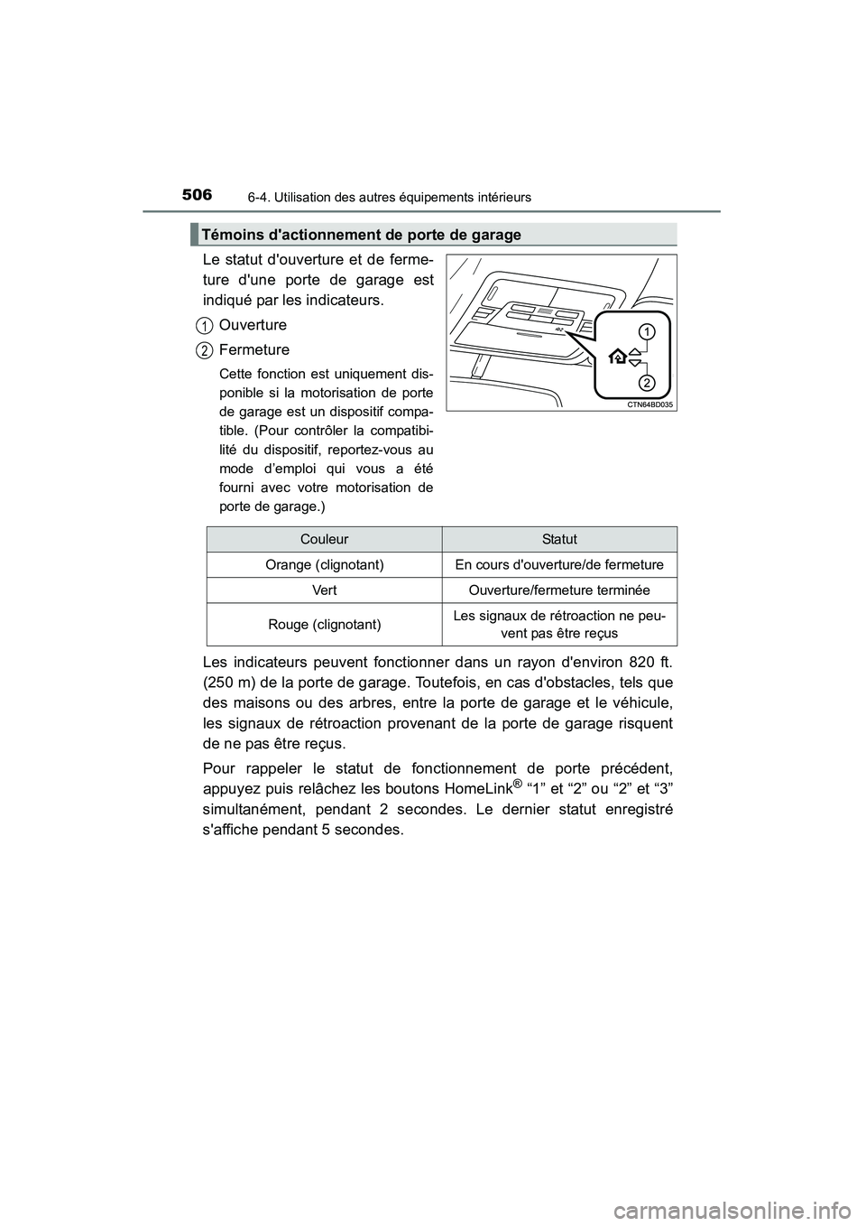 TOYOTA HIGHLANDER 2015  Manuel du propriétaire (in French) 5066-4. Utilisation des autres équipements intérieurs
HIGHLANDER_D (OM48E98D)
Le statut douverture et de ferme-
ture dune porte de garage est
indiqué par les indicateurs.Ouverture
Fermeture
Cette