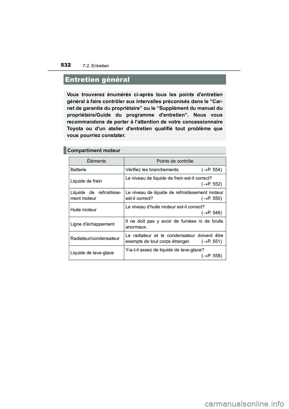 TOYOTA HIGHLANDER 2015 Manuel du propriétaire (in French) 5327-2. Entretien
HIGHLANDER_D (OM48E98D)
Entretien général
Vous trouverez énumérés ci-après tous les points dentretien
général à faire contrôler aux intervalles préconisés dans le “Car TOYOTA HIGHLANDER 2015 Manuel du propriétaire (in French) 5327-2. Entretien
HIGHLANDER_D (OM48E98D)
Entretien général
Vous trouverez énumérés ci-après tous les points dentretien
général à faire contrôler aux intervalles préconisés dans le “Car