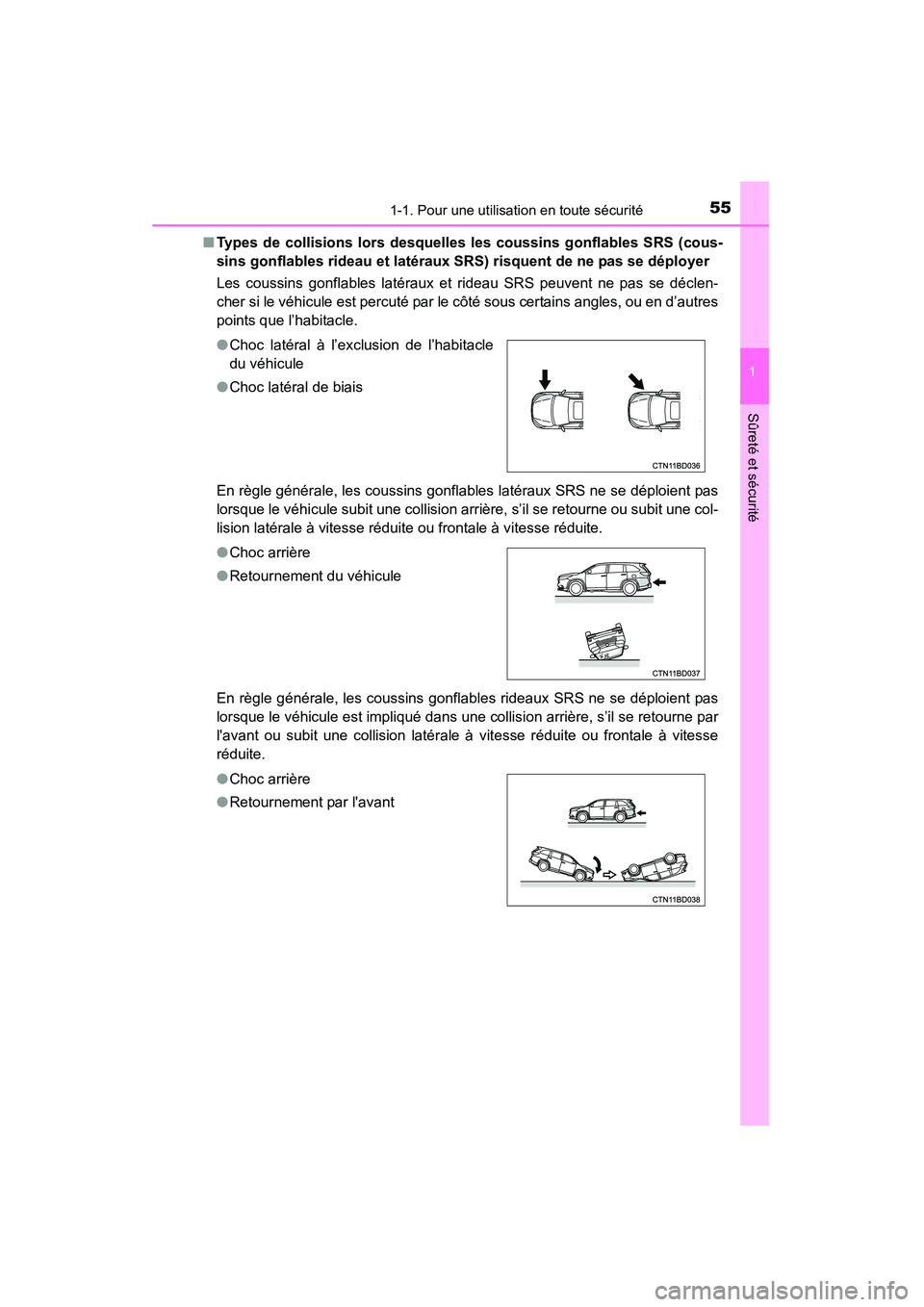 TOYOTA HIGHLANDER 2015 Manuel du propriétaire (in French) 551-1. Pour une utilisation en toute sécurité
1
Sûreté et sécurité
HIGHLANDER_D (OM48E98D)■
Types de collisions lors desquell es les coussins gonflables SRS (cous-
sins gonflables rideau et la TOYOTA HIGHLANDER 2015 Manuel du propriétaire (in French) 551-1. Pour une utilisation en toute sécurité
1
Sûreté et sécurité
HIGHLANDER_D (OM48E98D)■
Types de collisions lors desquell es les coussins gonflables SRS (cous-
sins gonflables rideau et la