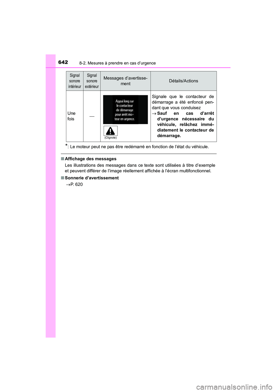 TOYOTA HIGHLANDER 2015  Manuel du propriétaire (in French) 6428-2. Mesures à prendre en cas d’urgence
HIGHLANDER_D (OM48E98D)
*: Le moteur peut ne pas être redémarré en fonction de l’état du véhicule.
■Affichage des messages
Les illustrations des 