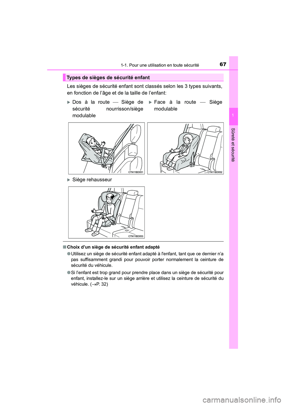 TOYOTA HIGHLANDER 2015 Manuel du propriétaire (in French) 671-1. Pour une utilisation en toute sécurité
1
Sûreté et sécurité
HIGHLANDER_D (OM48E98D)
Les sièges de sécurité enfant sont classés selon les 3 types suivants,
en fonction de l’âge et d TOYOTA HIGHLANDER 2015 Manuel du propriétaire (in French) 671-1. Pour une utilisation en toute sécurité
1
Sûreté et sécurité
HIGHLANDER_D (OM48E98D)
Les sièges de sécurité enfant sont classés selon les 3 types suivants,
en fonction de l’âge et d