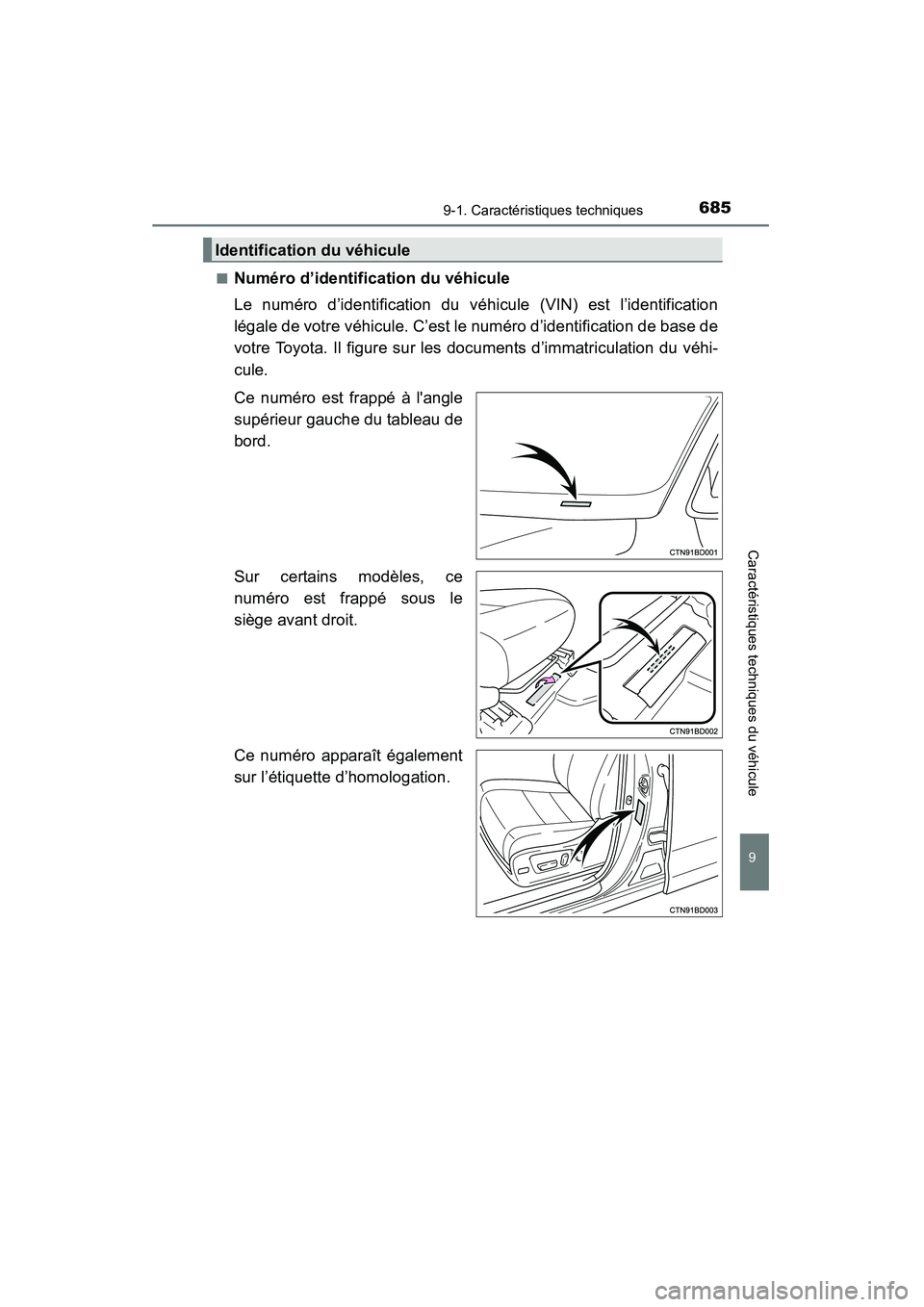 TOYOTA HIGHLANDER 2015 Manuel du propriétaire (in French) 6859-1. Caractéristiques techniques
9
Caractéristiques techniques du véhicule
HIGHLANDER_D (OM48E98D)■
Numéro d’identification du véhicule
Le numéro d’identification du véhicule (VIN) est TOYOTA HIGHLANDER 2015 Manuel du propriétaire (in French) 6859-1. Caractéristiques techniques
9
Caractéristiques techniques du véhicule
HIGHLANDER_D (OM48E98D)■
Numéro d’identification du véhicule
Le numéro d’identification du véhicule (VIN) est
