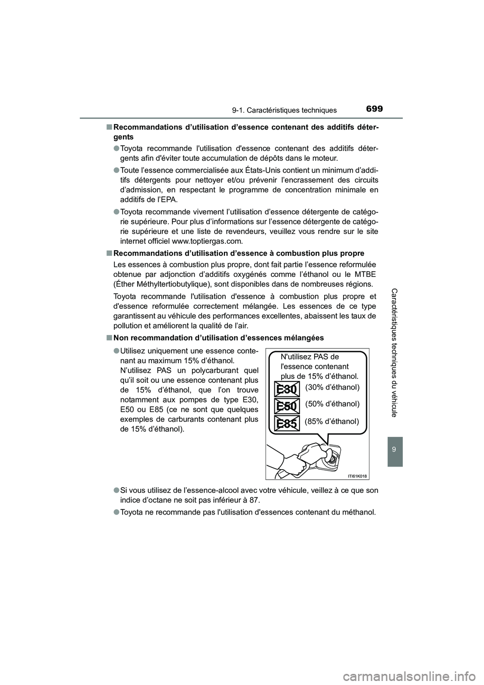 TOYOTA HIGHLANDER 2015 Manuel du propriétaire (in French) 6999-1. Caractéristiques techniques
9
Caractéristiques techniques du véhicule
HIGHLANDER_D (OM48E98D)■
Recommandations d’utilisation d’essence contenant des additifs déter-
gents
●Toyota r TOYOTA HIGHLANDER 2015 Manuel du propriétaire (in French) 6999-1. Caractéristiques techniques
9
Caractéristiques techniques du véhicule
HIGHLANDER_D (OM48E98D)■
Recommandations d’utilisation d’essence contenant des additifs déter-
gents
●Toyota r