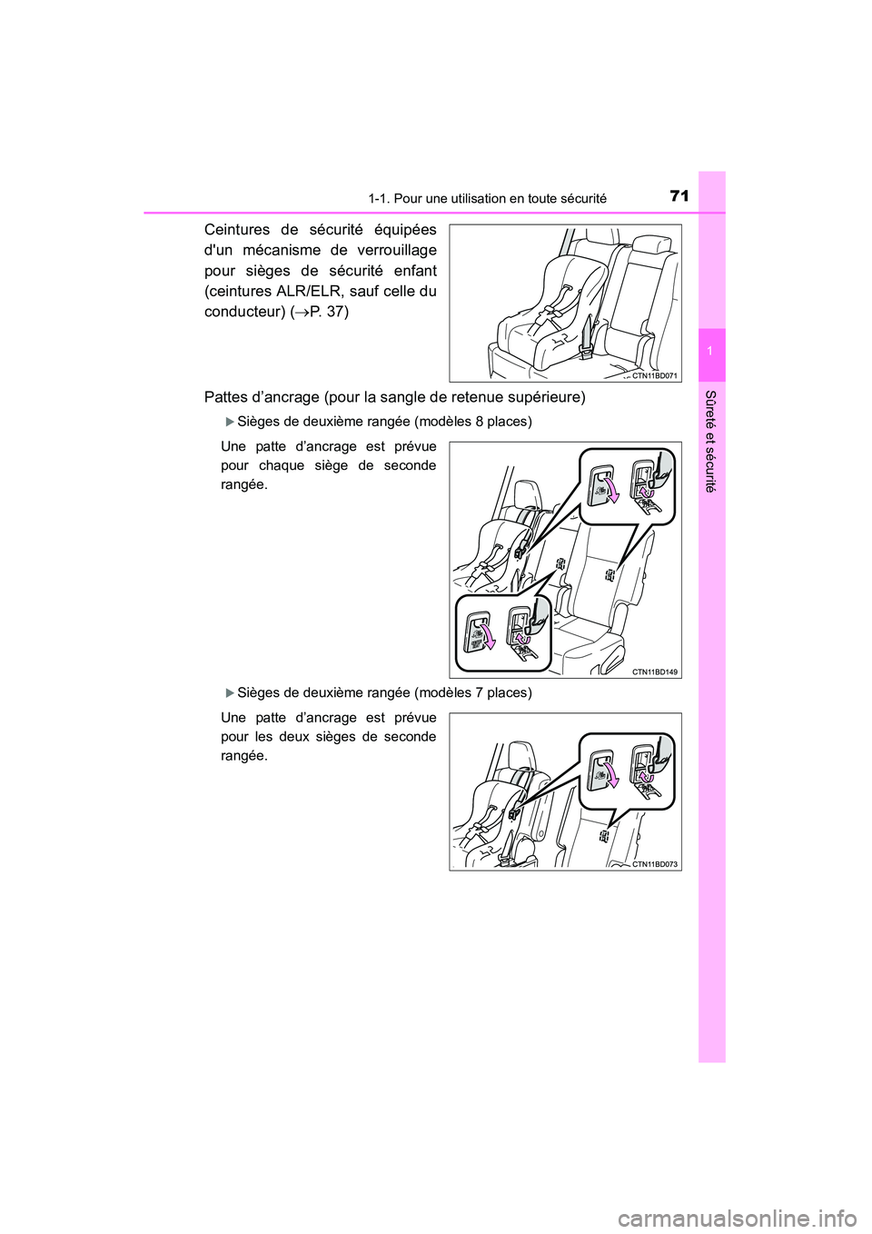 TOYOTA HIGHLANDER 2015  Manuel du propriétaire (in French) 711-1. Pour une utilisation en toute sécurité
1
Sûreté et sécurité
HIGHLANDER_D (OM48E98D)
Ceintures de sécurité équipées
dun mécanisme de verrouillage
pour sièges de sécurité enfant
(c