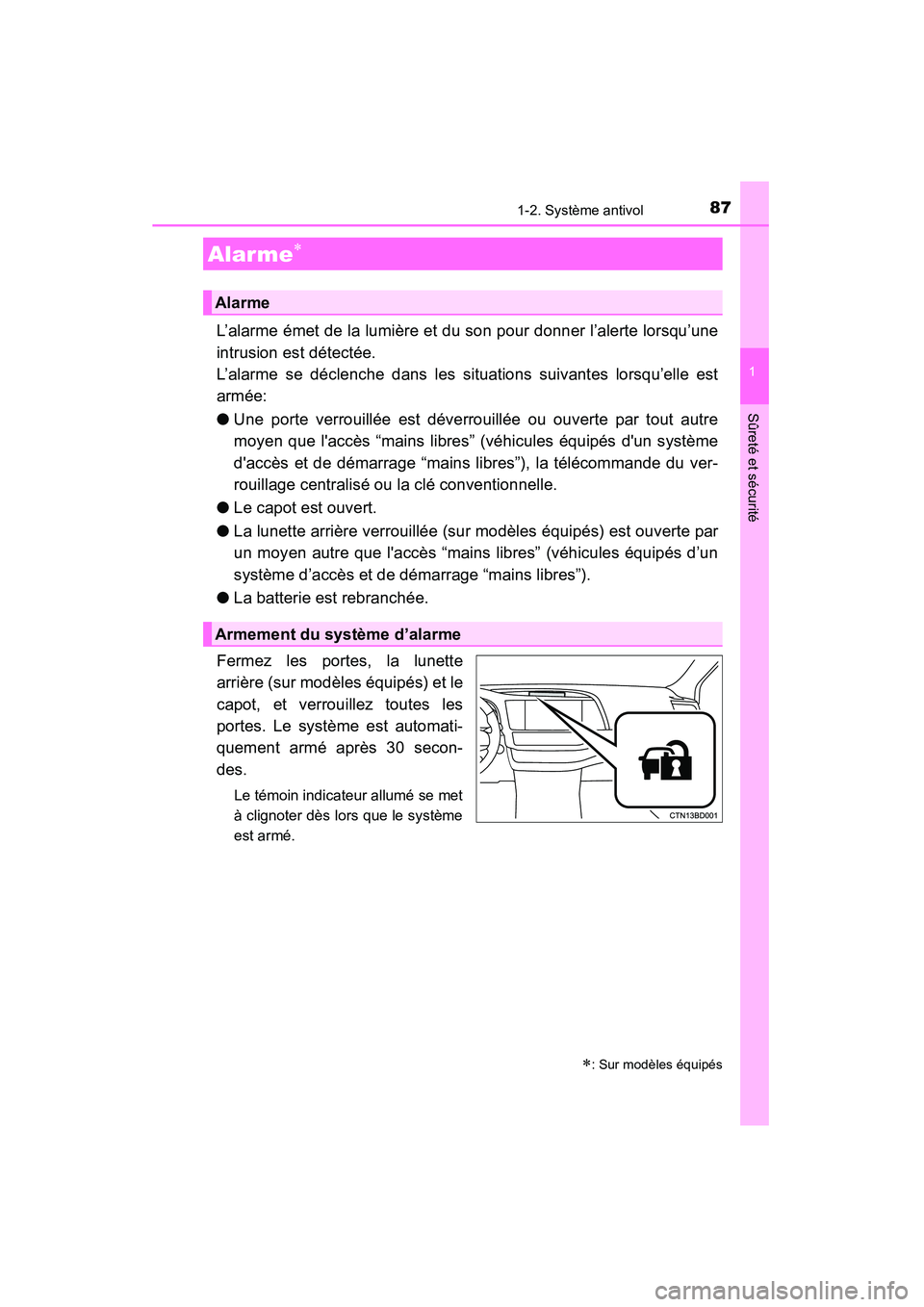 TOYOTA HIGHLANDER 2015 Manuel du propriétaire (in French) 871-2. Système antivol
1
Sûreté et sécurité
HIGHLANDER_D (OM48E98D)
L’alarme émet de la lumière et du son pour donner l’alerte lorsqu’une
intrusion est détectée.
L’alarme se déclench TOYOTA HIGHLANDER 2015 Manuel du propriétaire (in French) 871-2. Système antivol
1
Sûreté et sécurité
HIGHLANDER_D (OM48E98D)
L’alarme émet de la lumière et du son pour donner l’alerte lorsqu’une
intrusion est détectée.
L’alarme se déclench