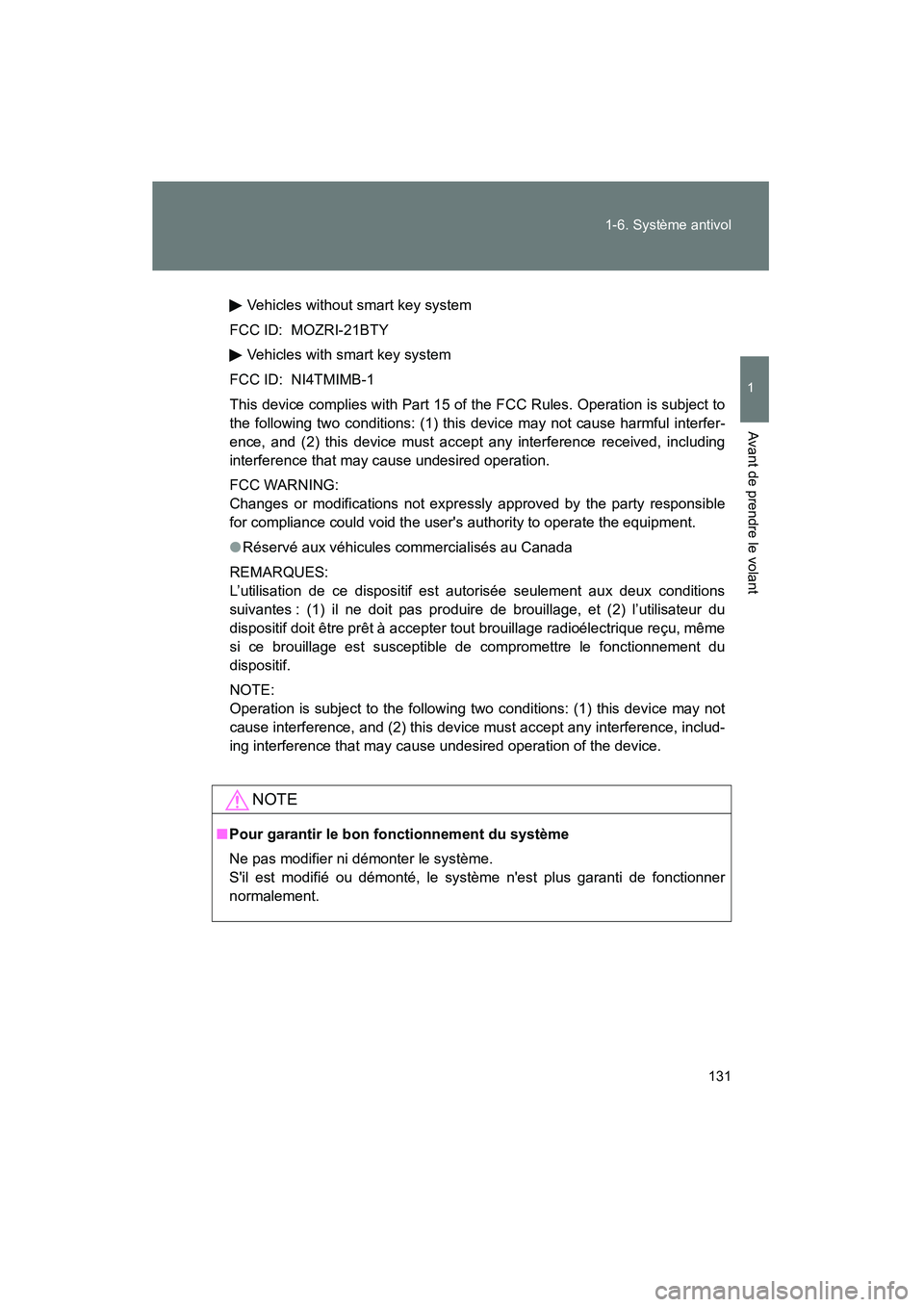 TOYOTA HIGHLANDER 2013  Manuel du propriétaire (in French) 131
1-6. Système antivol
1
Avant de prendre le volant
Highlander_D
Vehicles without smart key system
FCC ID: MOZRI-21BTY Vehicles with smart key system
FCC ID: NI4TMIMB-1
This device complies with Pa