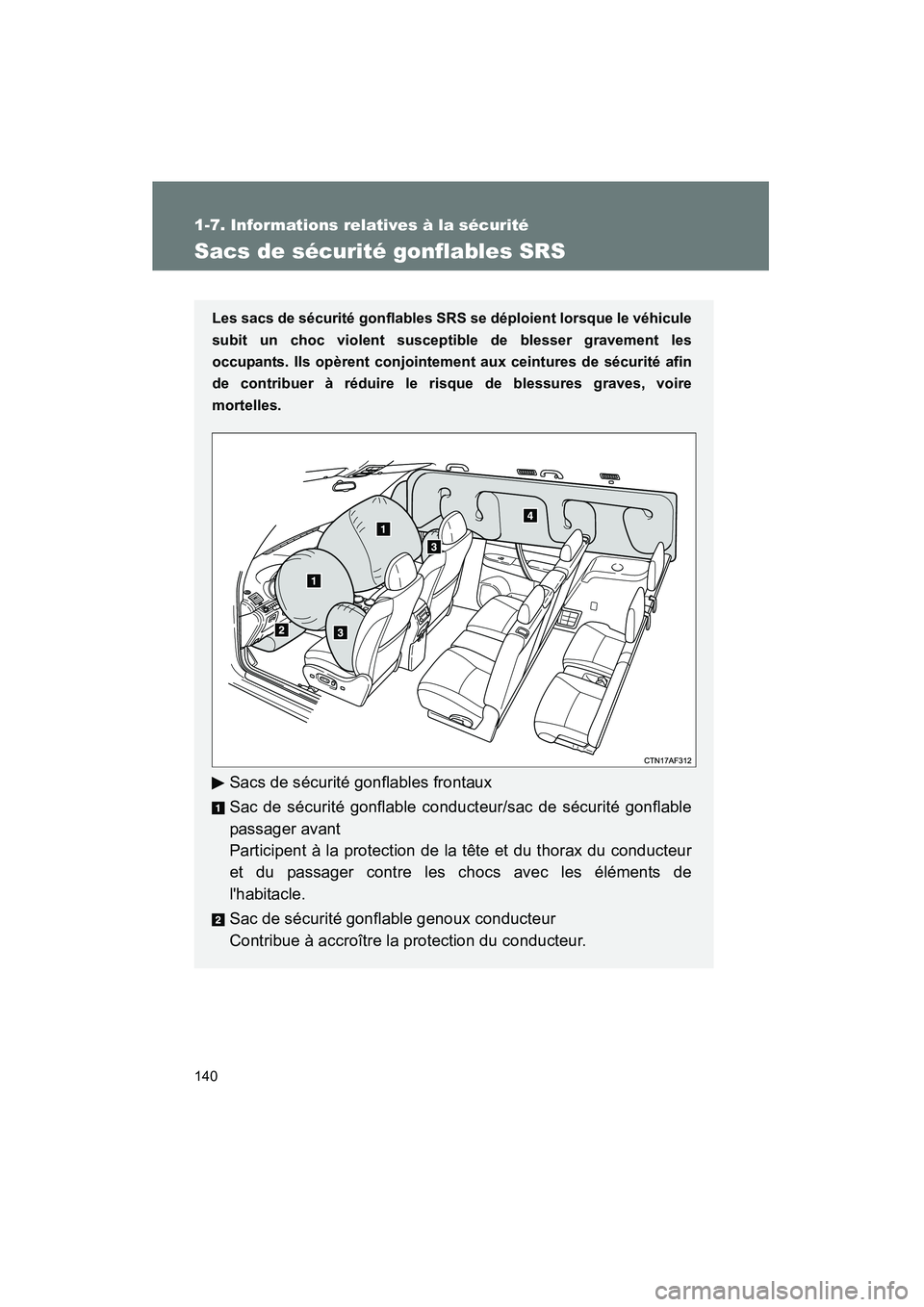 TOYOTA HIGHLANDER 2013 Manuel du propriétaire (in French) 140
1-7. Informations relatives à la sécurité
Highlander_D
Sacs de sécurité gonflables SRS
Les sacs de sécurité gonflables SRS se déploient lorsque le véhicule
subit un choc violent susceptib TOYOTA HIGHLANDER 2013 Manuel du propriétaire (in French) 140
1-7. Informations relatives à la sécurité
Highlander_D
Sacs de sécurité gonflables SRS
Les sacs de sécurité gonflables SRS se déploient lorsque le véhicule
subit un choc violent susceptib