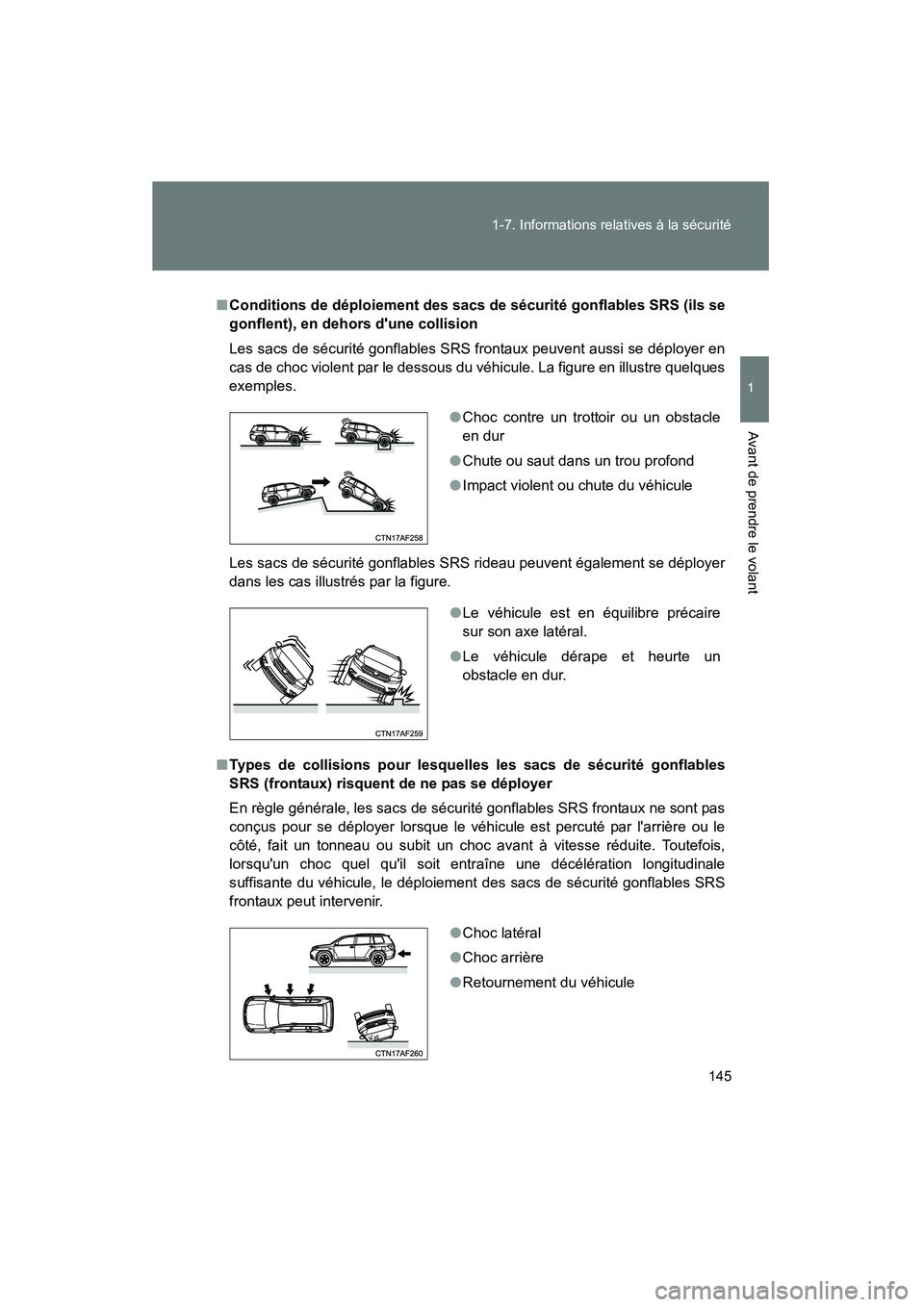 TOYOTA HIGHLANDER 2013 Manuel du propriétaire (in French) 145
1-7. Informations relatives à la sécurité
1
Avant de prendre le volant
Highlander_D
■
Conditions de déploiement des sacs de sécurité gonflables SRS (ils se
gonflent), en dehors dune colli TOYOTA HIGHLANDER 2013 Manuel du propriétaire (in French) 145
1-7. Informations relatives à la sécurité
1
Avant de prendre le volant
Highlander_D
■
Conditions de déploiement des sacs de sécurité gonflables SRS (ils se
gonflent), en dehors dune colli