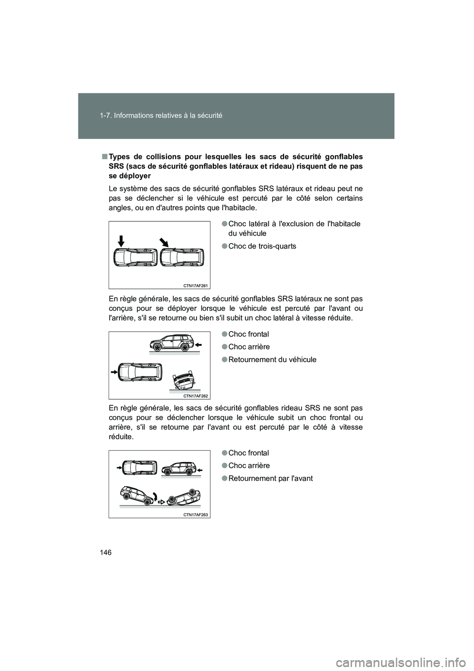 TOYOTA HIGHLANDER 2013 Manuel du propriétaire (in French) 146 1-7. Informations relatives à la sécurité
Highlander_D
■Types de collisions pour lesquelles les sacs de sécurité gonflables
SRS (sacs de sécurité gonflables latéraux et rideau) risquent TOYOTA HIGHLANDER 2013 Manuel du propriétaire (in French) 146 1-7. Informations relatives à la sécurité
Highlander_D
■Types de collisions pour lesquelles les sacs de sécurité gonflables
SRS (sacs de sécurité gonflables latéraux et rideau) risquent