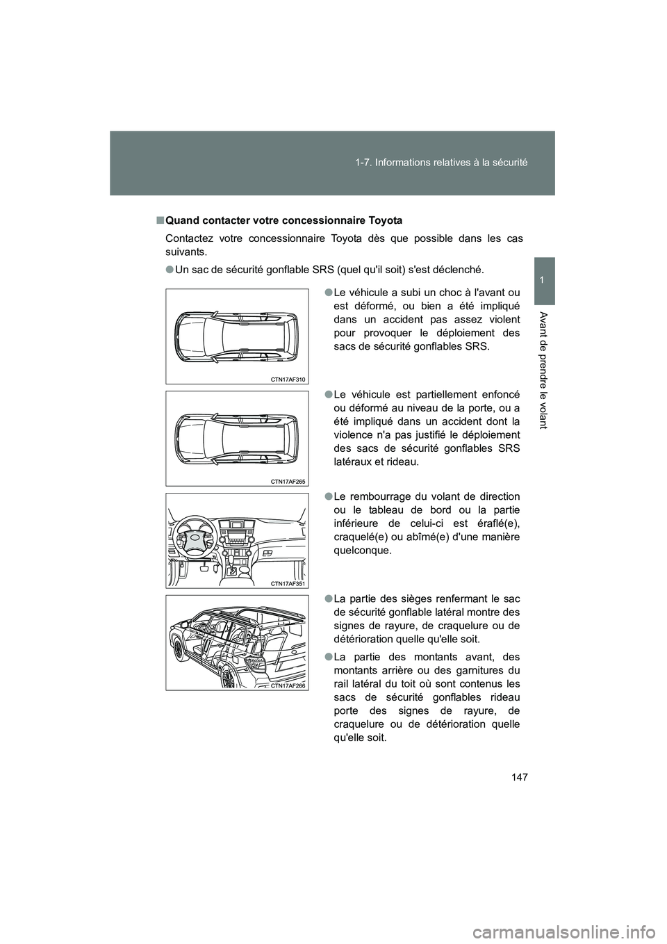 TOYOTA HIGHLANDER 2013 Manuel du propriétaire (in French) 147
1-7. Informations relatives à la sécurité
1
Avant de prendre le volant
Highlander_D
■
Quand contacter votre concessionnaire Toyota
Contactez votre concessionnaire Toyota dès que possible dan TOYOTA HIGHLANDER 2013 Manuel du propriétaire (in French) 147
1-7. Informations relatives à la sécurité
1
Avant de prendre le volant
Highlander_D
■
Quand contacter votre concessionnaire Toyota
Contactez votre concessionnaire Toyota dès que possible dan