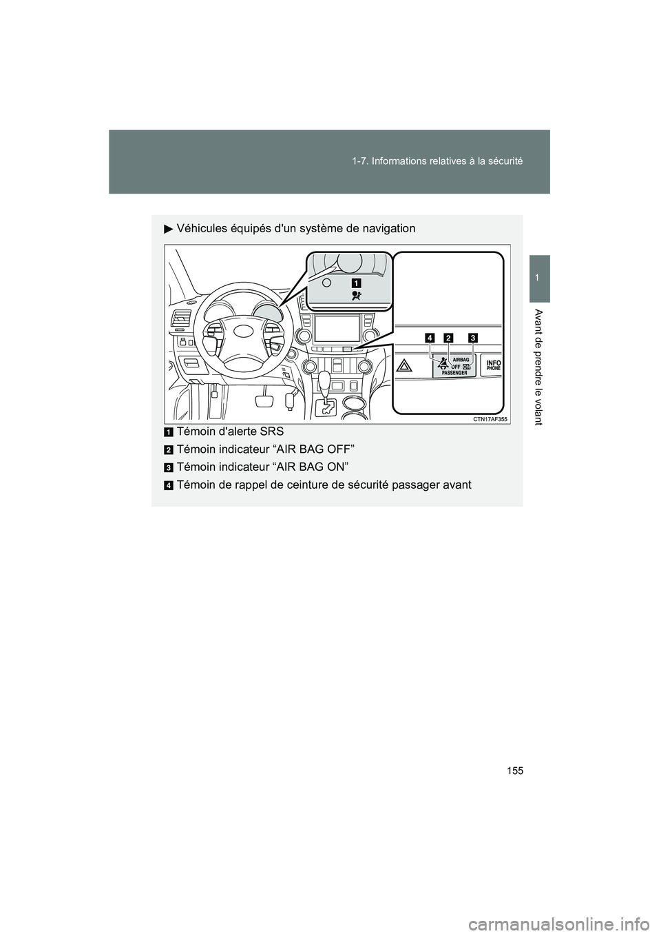 TOYOTA HIGHLANDER 2013  Manuel du propriétaire (in French) 155
1-7. Informations relatives à la sécurité
1
Avant de prendre le volant
Highlander_D
Véhicules équipés dun système de navigation
Témoin dalerte SRS
Témoin indicateur “AIR BAG OFF”
T