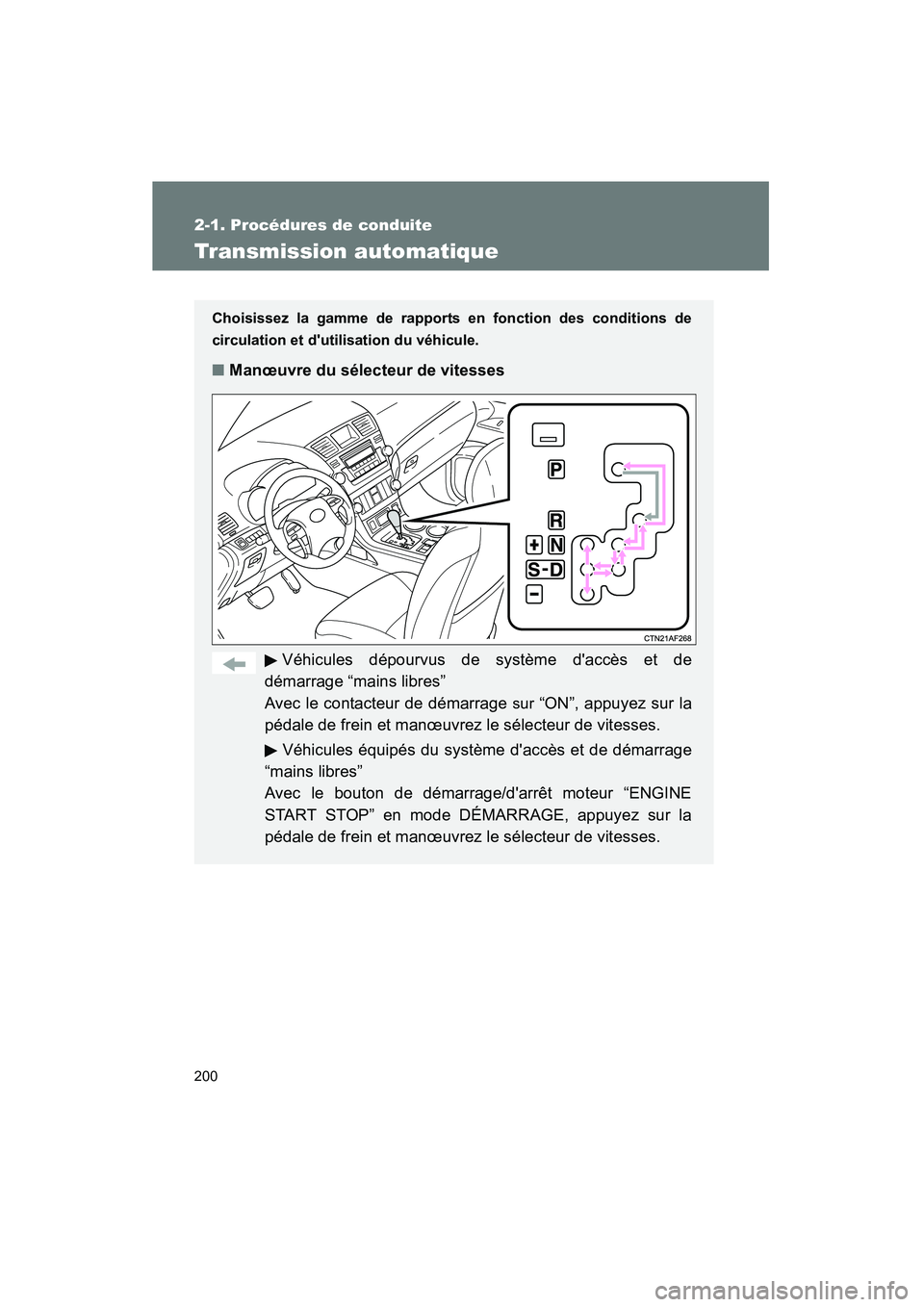 TOYOTA HIGHLANDER 2013  Manuel du propriétaire (in French) 200
2-1. Procédures de conduite
Highlander_D
Transmission automatique
Choisissez la gamme de rapports en fonction des conditions de
circulation et dutilisation du véhicule.
■Manœuvre du sélecte