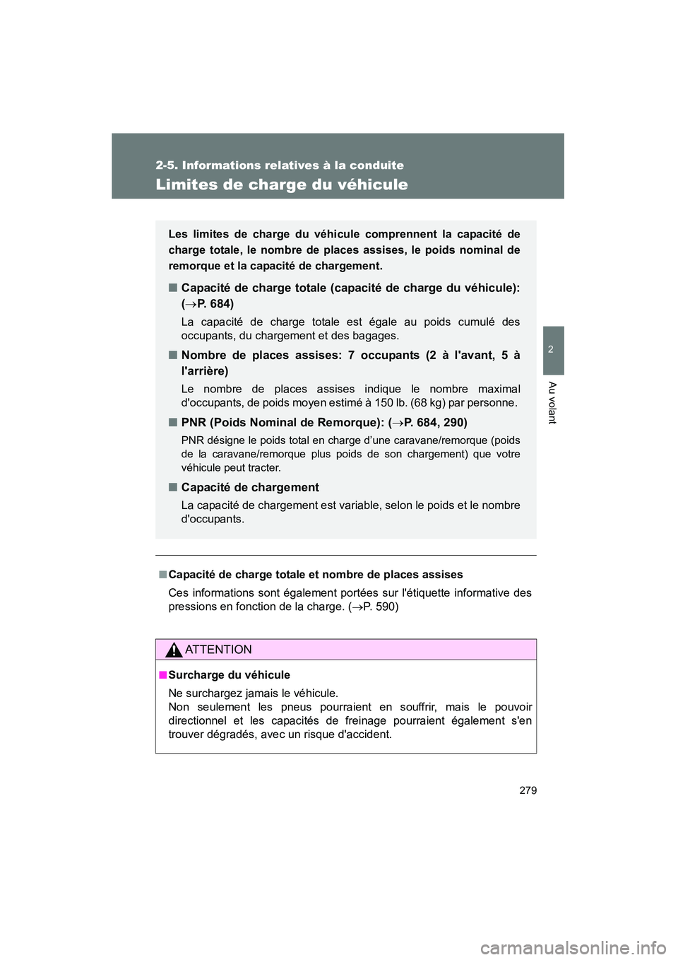 TOYOTA HIGHLANDER 2013  Manuel du propriétaire (in French) 279
2-5. Informations relatives à la conduite
2
Au volant
Highlander_D
Limites de charge du véhicule
■Capacité de charge totale et nombre de places assises
Ces informations sont également porté