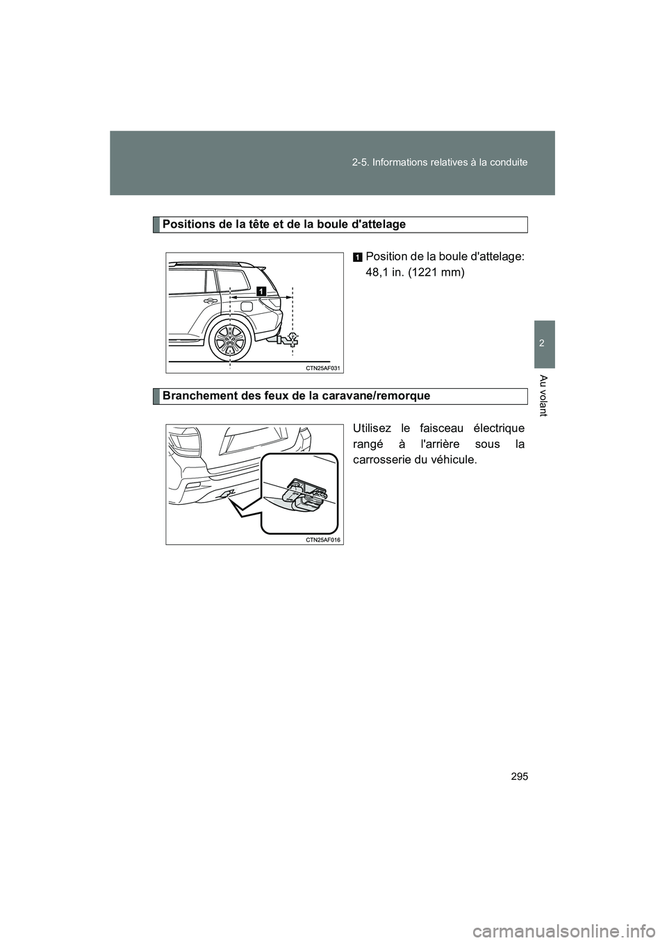 TOYOTA HIGHLANDER 2013 Manuel du propriétaire (in French) 295
2-5. Informations relatives à la conduite
2
Au volant
Highlander_D
Positions de la tête et de la boule dattelage
Position de la boule dattelage:
48,1 in. (1221 mm)
Branchement des feux de la c TOYOTA HIGHLANDER 2013 Manuel du propriétaire (in French) 295
2-5. Informations relatives à la conduite
2
Au volant
Highlander_D
Positions de la tête et de la boule dattelage
Position de la boule dattelage:
48,1 in. (1221 mm)
Branchement des feux de la c