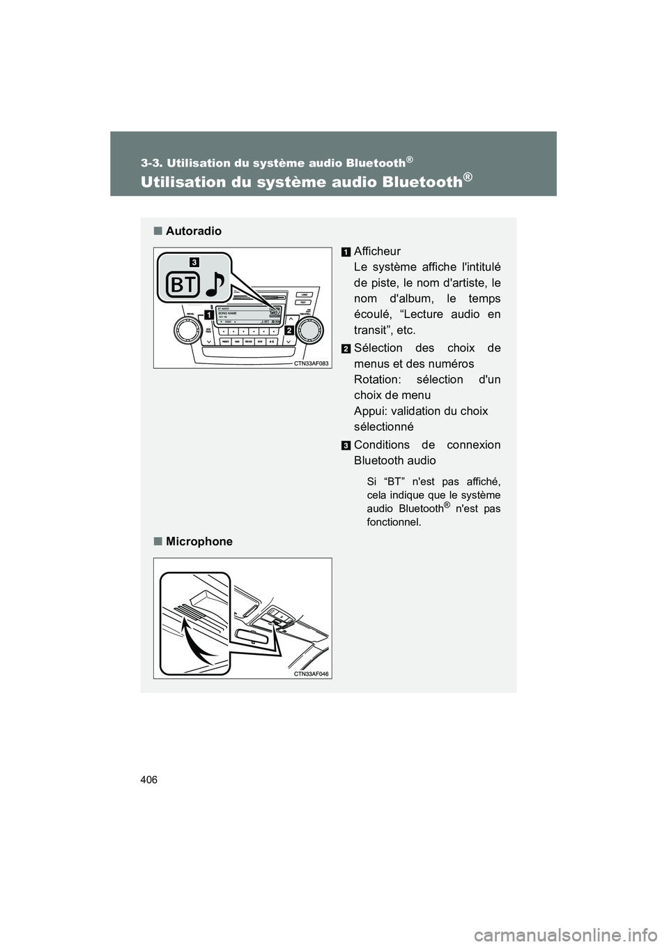 TOYOTA HIGHLANDER 2013 Manuel du propriétaire (in French) 406
3-3. Utilisation du système audio Bluetooth®
Highlander_D
Utilisation du système audio Bluetooth®
■Autoradio
Afficheur
Le système affiche lintitulé
de piste, le nom dartiste, le
nom da TOYOTA HIGHLANDER 2013 Manuel du propriétaire (in French) 406
3-3. Utilisation du système audio Bluetooth®
Highlander_D
Utilisation du système audio Bluetooth®
■Autoradio
Afficheur
Le système affiche lintitulé
de piste, le nom dartiste, le
nom da