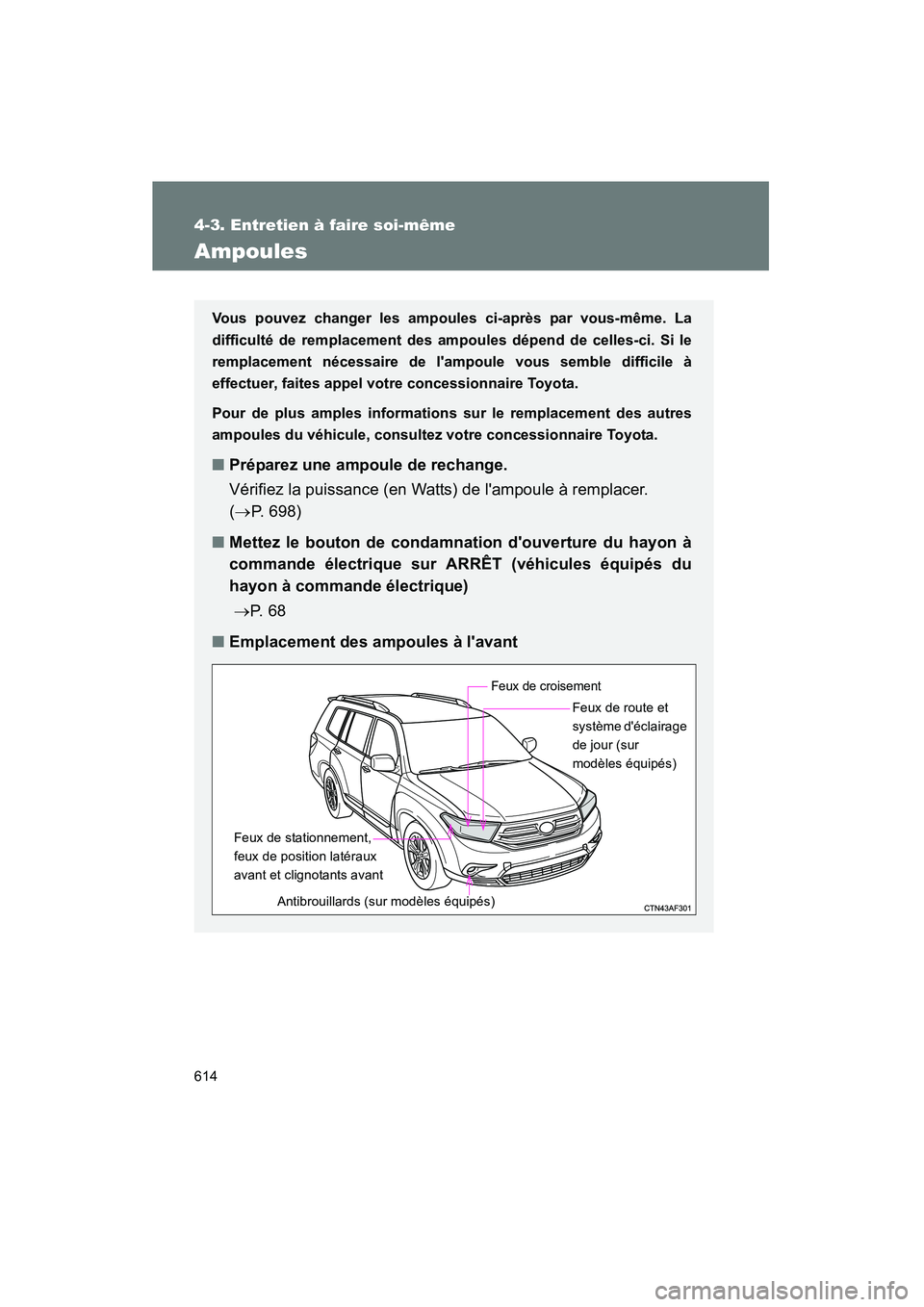 TOYOTA HIGHLANDER 2013  Manuel du propriétaire (in French) 614
4-3. Entretien à faire soi-même
Highlander_D
Ampoules
Vous pouvez changer les ampoules ci-après par vous-même. La
difficulté de remplacement des ampoules dépend de celles-ci. Si le
remplacem