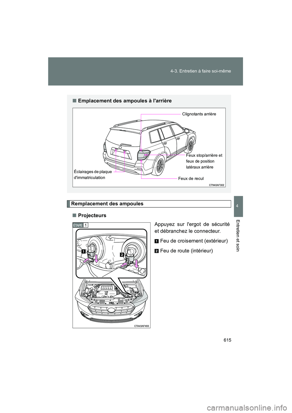 TOYOTA HIGHLANDER 2013  Manuel du propriétaire (in French) 615
4-3. Entretien à faire soi-même
4
Entretien et soin
Highlander_D
Remplacement des ampoules
■ Projecteurs
Appuyez sur lergot de sécurité
et débranchez le connecteur.
Feu de croisement (ext