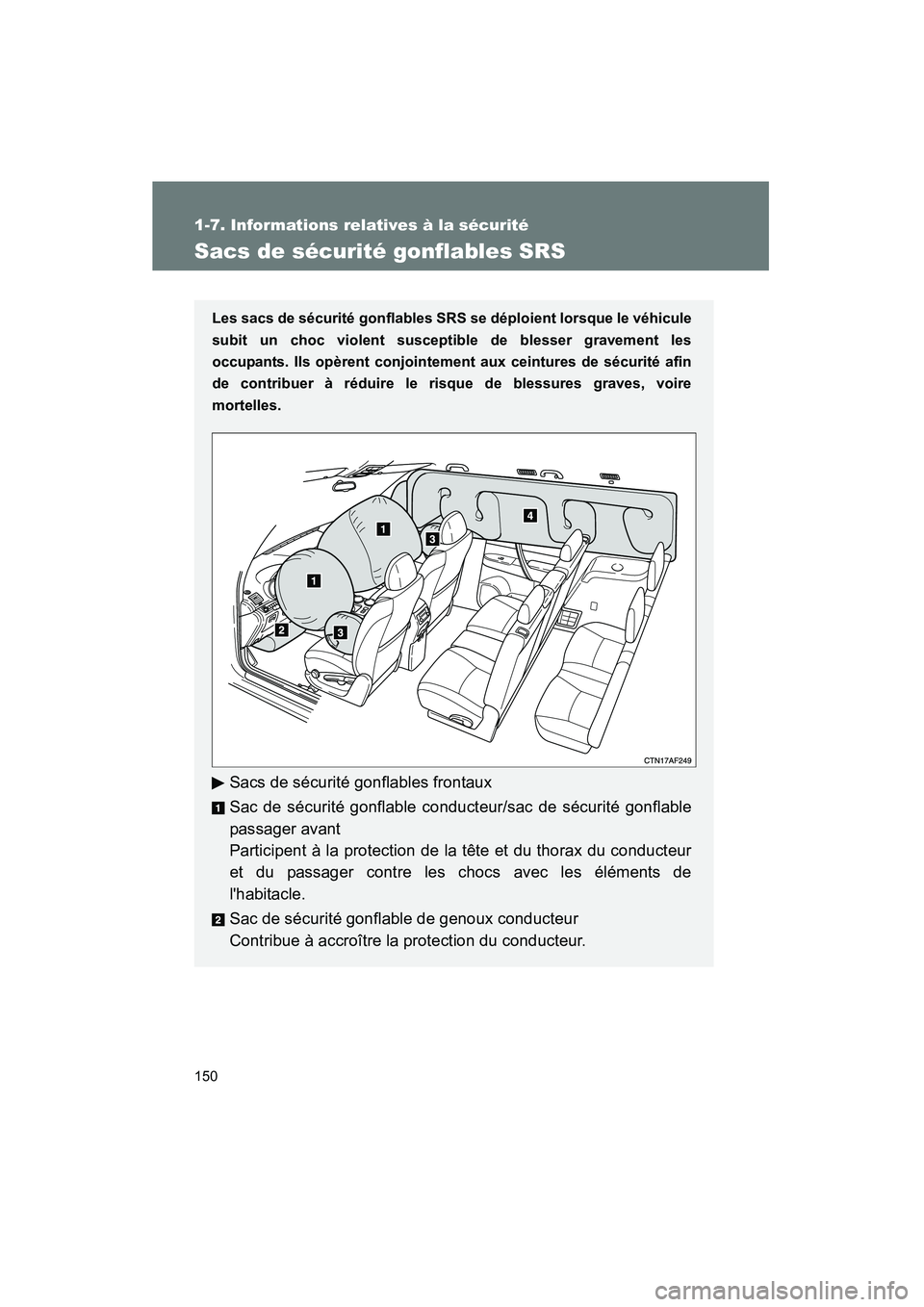 TOYOTA HIGHLANDER 2010  Manuel du propriétaire (in French) 150
1-7. Informations relatives à la sécurité
Highlander_D
Sacs de sécurité gonflables SRS
Les sacs de sécurité gonflables SRS se déploient lorsque le véhicule
subit un choc violent susceptib