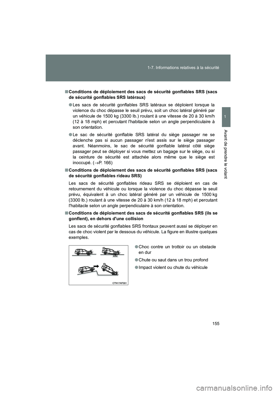 TOYOTA HIGHLANDER 2010  Manuel du propriétaire (in French) 155
1-7. Informations relatives à la sécurité
1
Avant de prendre le volant
Highlander_D
■
Conditions de déploiement des sacs de sécurité gonflables SRS (sacs
de sécurité gonflables SRS laté