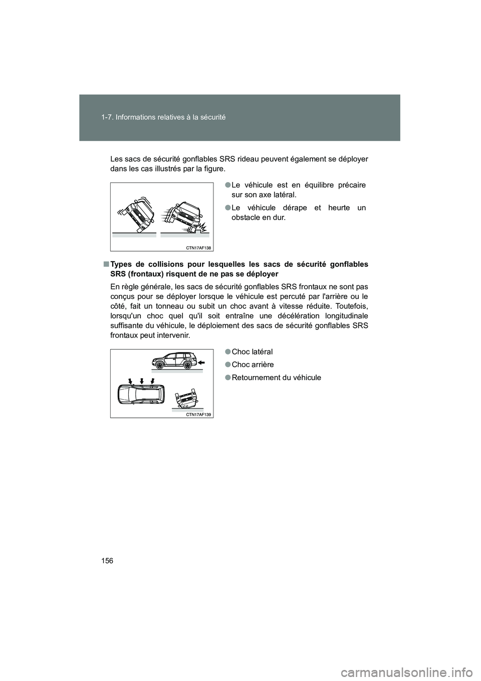 TOYOTA HIGHLANDER 2010  Manuel du propriétaire (in French) 156 1-7. Informations relatives à la sécurité
Highlander_D
Les sacs de sécurité gonflables SRS rideau peuvent également se déployer
dans les cas illustrés par la figure.
■ Types de collision