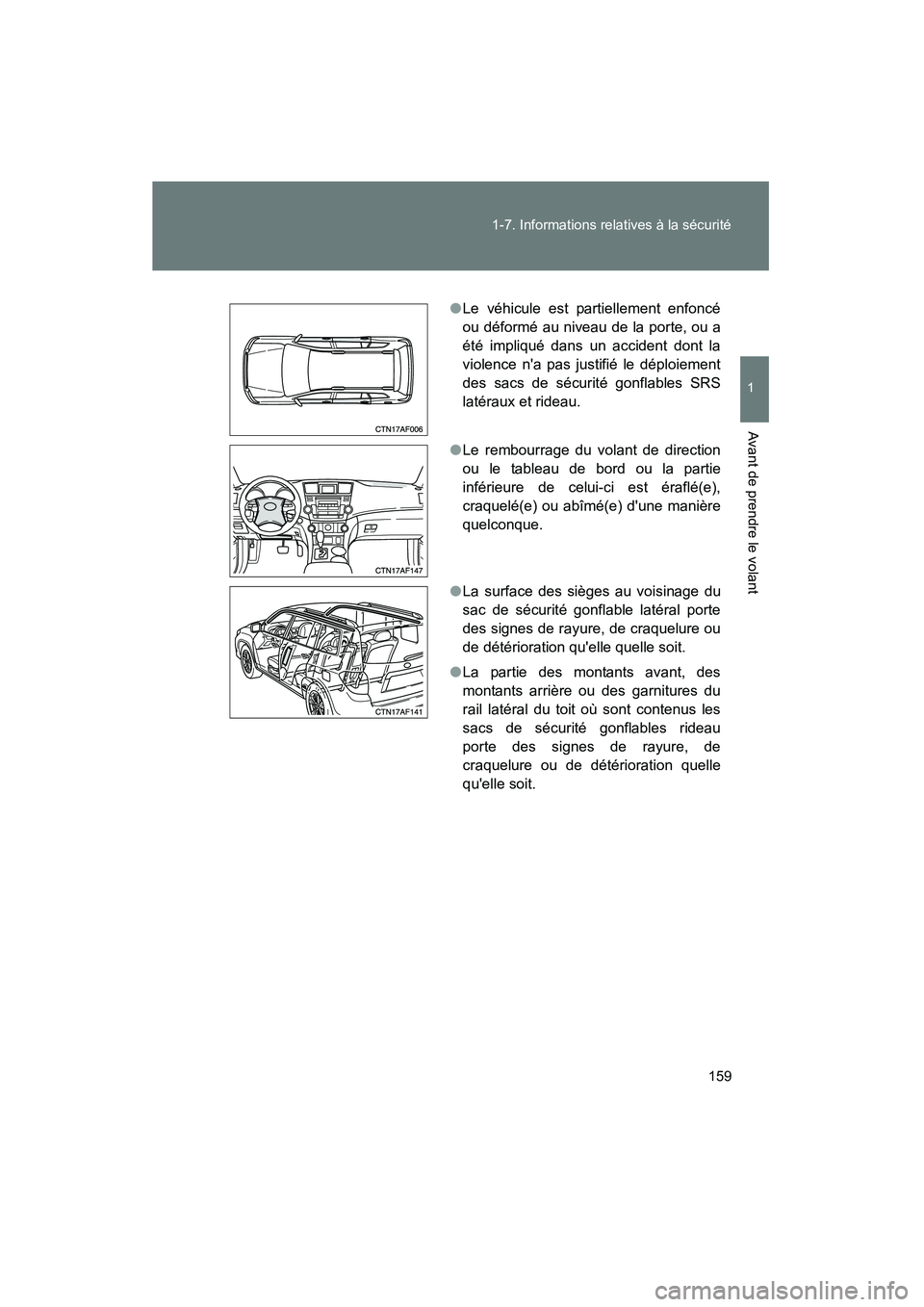 TOYOTA HIGHLANDER 2010 Manuel du propriétaire (in French) 159
1-7. Informations relatives à la sécurité
1
Avant de prendre le volant
Highlander_D
●
Le véhicule est partiellement enfoncé
ou déformé au niveau de la porte, ou a
été impliqué dans un TOYOTA HIGHLANDER 2010 Manuel du propriétaire (in French) 159
1-7. Informations relatives à la sécurité
1
Avant de prendre le volant
Highlander_D
●
Le véhicule est partiellement enfoncé
ou déformé au niveau de la porte, ou a
été impliqué dans un