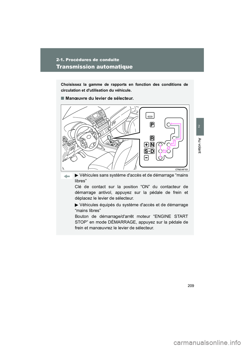 TOYOTA HIGHLANDER 2010 Manuel du propriétaire (in French) 209
2-1. Procédures de conduite
2
Au volant
Highlander_D
Transmission automatique
Choisissez la gamme de rapports en fonction des conditions de
circulation et dutilisation du véhicule.
■Manœuvre TOYOTA HIGHLANDER 2010 Manuel du propriétaire (in French) 209
2-1. Procédures de conduite
2
Au volant
Highlander_D
Transmission automatique
Choisissez la gamme de rapports en fonction des conditions de
circulation et dutilisation du véhicule.
■Manœuvre