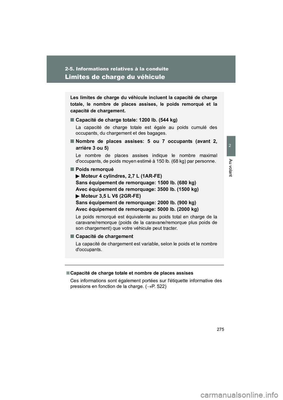 TOYOTA HIGHLANDER 2010 Manuel du propriétaire (in French) 275
2-5. Informations relatives à la conduite
2
Au volant
Highlander_D
Limites de charge du véhicule
■Capacité de charge totale et nombre de places assises
Ces informations sont également porté TOYOTA HIGHLANDER 2010 Manuel du propriétaire (in French) 275
2-5. Informations relatives à la conduite
2
Au volant
Highlander_D
Limites de charge du véhicule
■Capacité de charge totale et nombre de places assises
Ces informations sont également porté
