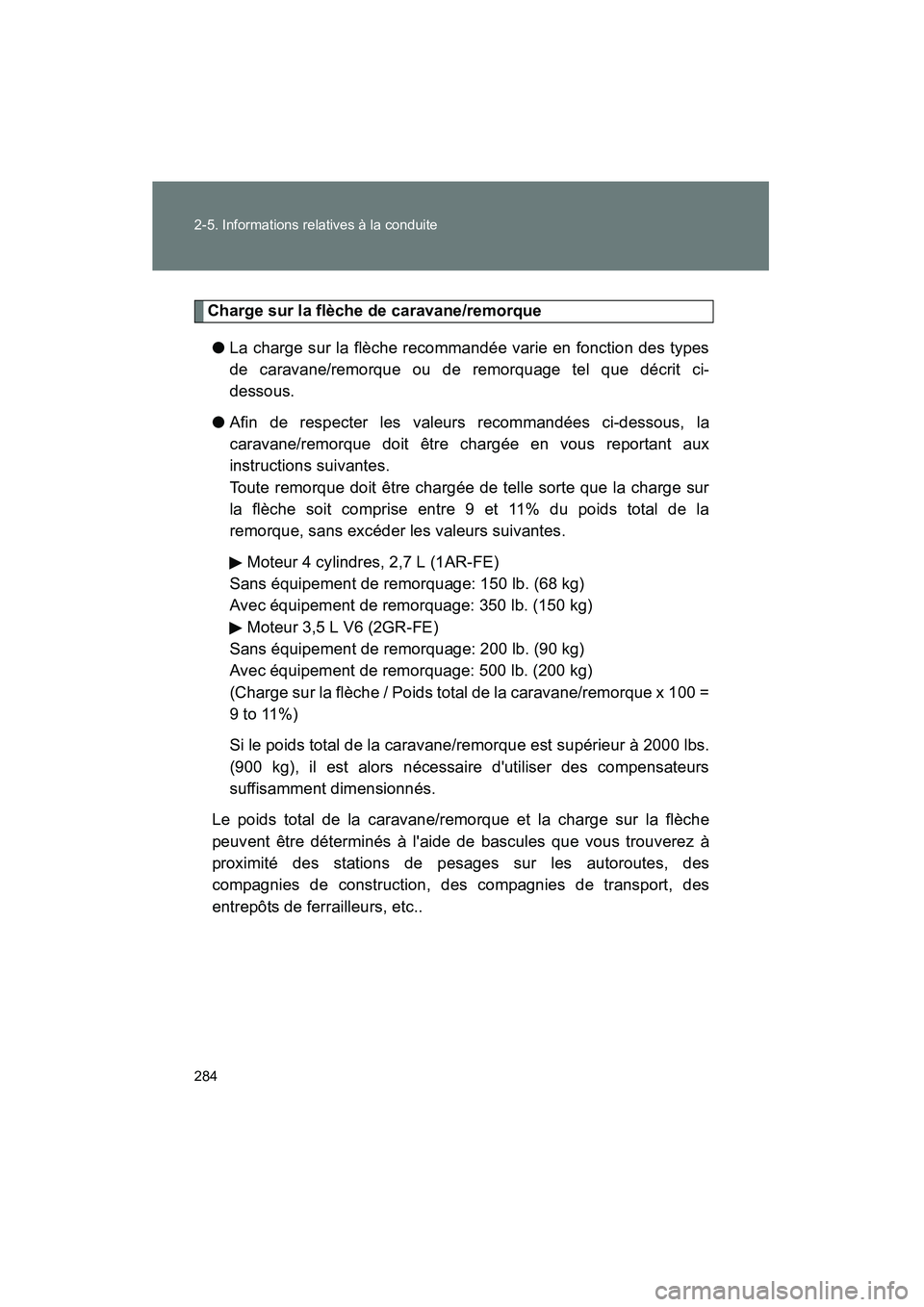 TOYOTA HIGHLANDER 2010 Manuel du propriétaire (in French) 284 2-5. Informations relatives à la conduite
Highlander_D
Charge sur la flèche de caravane/remorque● La charge sur la flèche recommandée varie en fonction des types
de caravane/remorque ou de r TOYOTA HIGHLANDER 2010 Manuel du propriétaire (in French) 284 2-5. Informations relatives à la conduite
Highlander_D
Charge sur la flèche de caravane/remorque● La charge sur la flèche recommandée varie en fonction des types
de caravane/remorque ou de r
