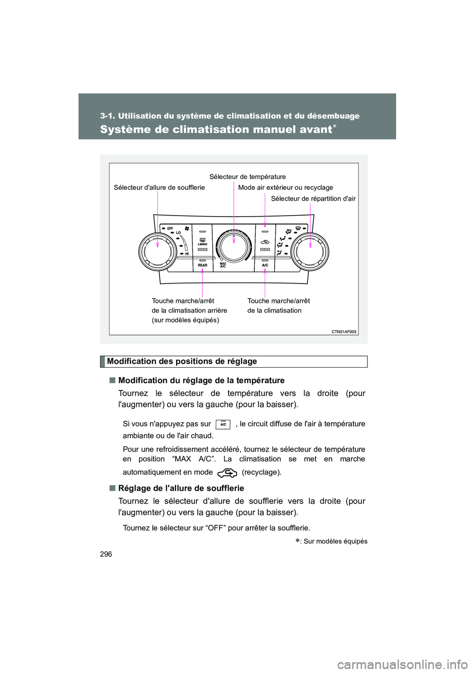 TOYOTA HIGHLANDER 2010  Manuel du propriétaire (in French) 296
Highlander_D
3-1. Utilisation du système de climatisation et du désembuage
Système de climatisation manuel avant∗
Modification des positions de réglage■ Modification du réglage de la temp