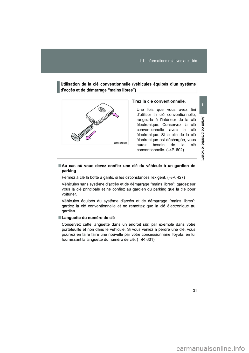 TOYOTA HIGHLANDER 2010  Manuel du propriétaire (in French) 31
1-1. Informations relatives aux clés
1
Avant de prendre le volant
Highlander_D
Utilisation de la clé conventionnelle (véhicules équipés dun système
daccès et de démarrage “mains libres