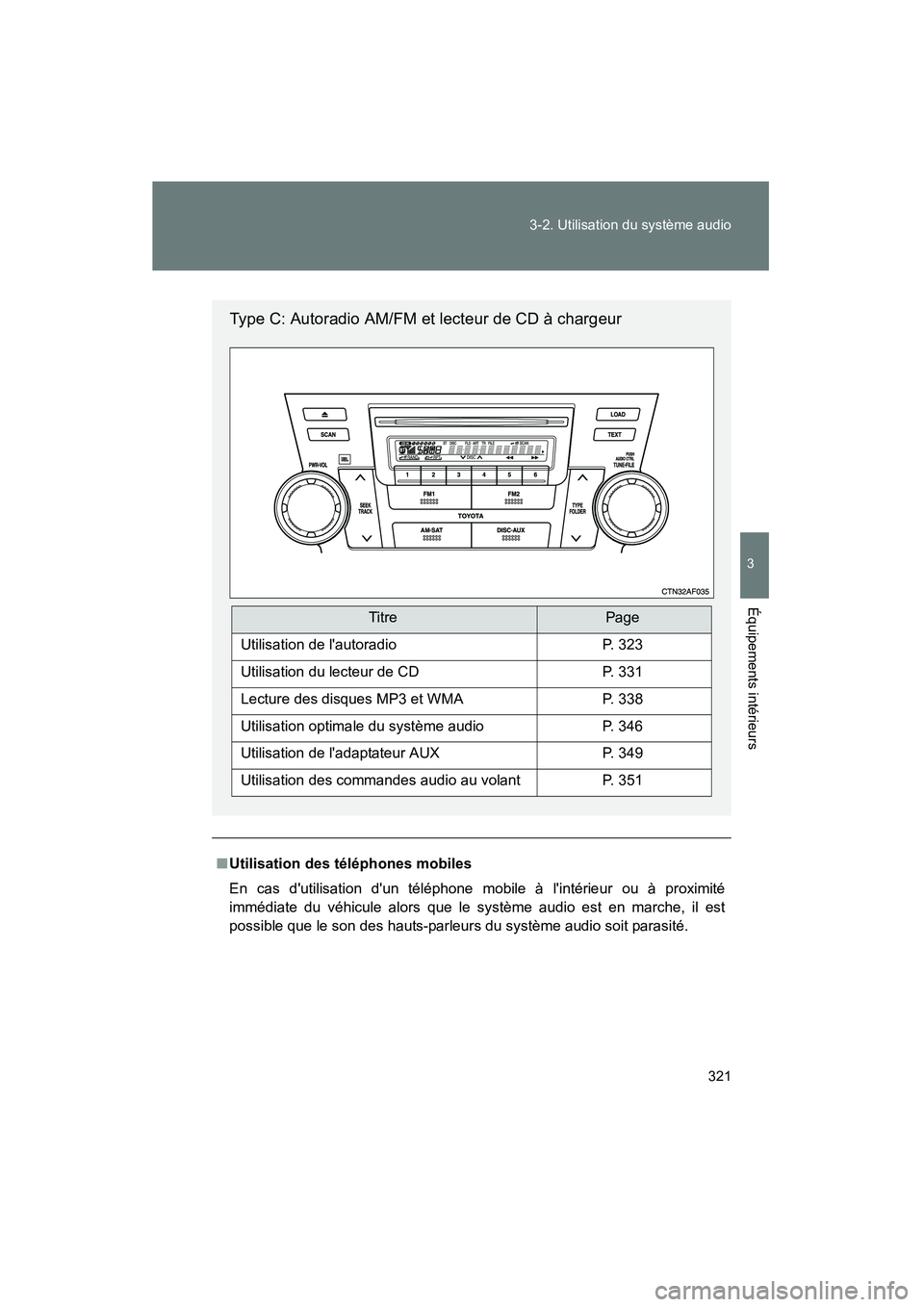 TOYOTA HIGHLANDER 2010 Manuel du propriétaire (in French) 321
3-2. Utilisation du système audio
3
Équipements intérieurs
Highlander_D
■
Utilisation des téléphones mobiles
En cas dutilisation dun téléphone mobile à lintérieur ou à proximité
im TOYOTA HIGHLANDER 2010 Manuel du propriétaire (in French) 321
3-2. Utilisation du système audio
3
Équipements intérieurs
Highlander_D
■
Utilisation des téléphones mobiles
En cas dutilisation dun téléphone mobile à lintérieur ou à proximité
im