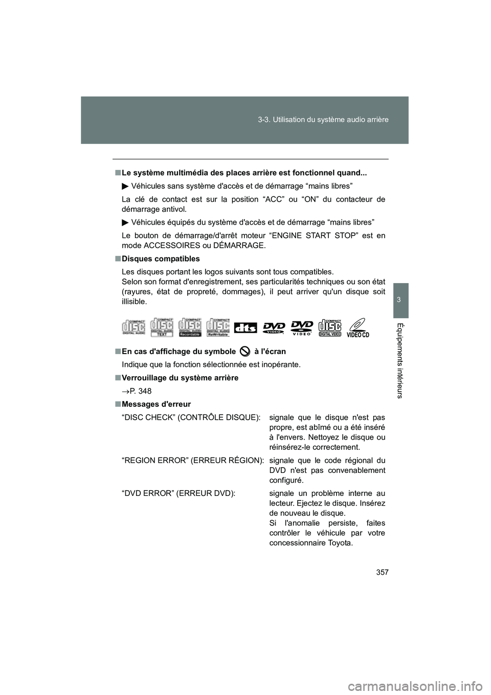 TOYOTA HIGHLANDER 2010 Manuel du propriétaire (in French) 357
3-3. Utilisation du système audio arrière
3
Équipements intérieurs
Highlander_D
■
Le système multimédia des places arrière est fonctionnel quand...
Véhicules sans système daccès et de TOYOTA HIGHLANDER 2010 Manuel du propriétaire (in French) 357
3-3. Utilisation du système audio arrière
3
Équipements intérieurs
Highlander_D
■
Le système multimédia des places arrière est fonctionnel quand...
Véhicules sans système daccès et de