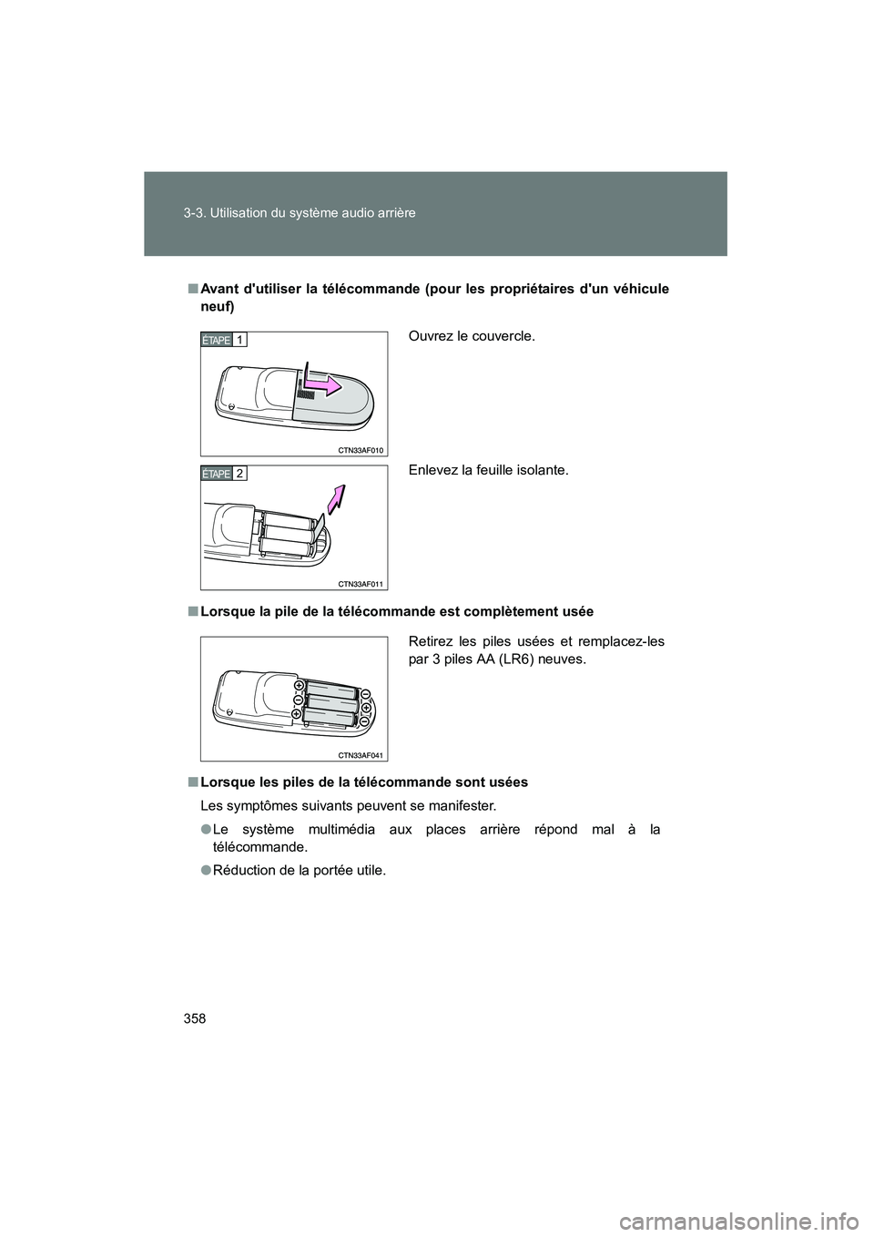 TOYOTA HIGHLANDER 2010  Manuel du propriétaire (in French) 358 3-3. Utilisation du système audio arrière
Highlander_D
■Avant dutiliser la télécommande (pour les propriétaires dun véhicule
neuf)
■ Lorsque la pile de la télécommande est complètem