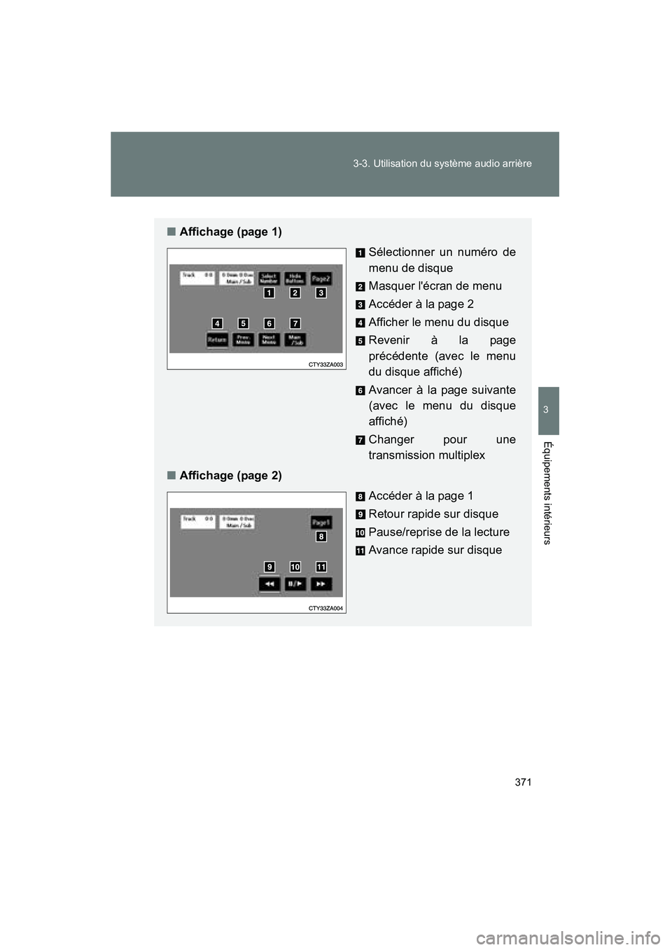 TOYOTA HIGHLANDER 2010  Manuel du propriétaire (in French) 371
3-3. Utilisation du système audio arrière
3
Équipements intérieurs
Highlander_D
■
Affichage (page 1)
Sélectionner un numéro de
menu de disque
Masquer lécran de menu
Accéder à la page 2