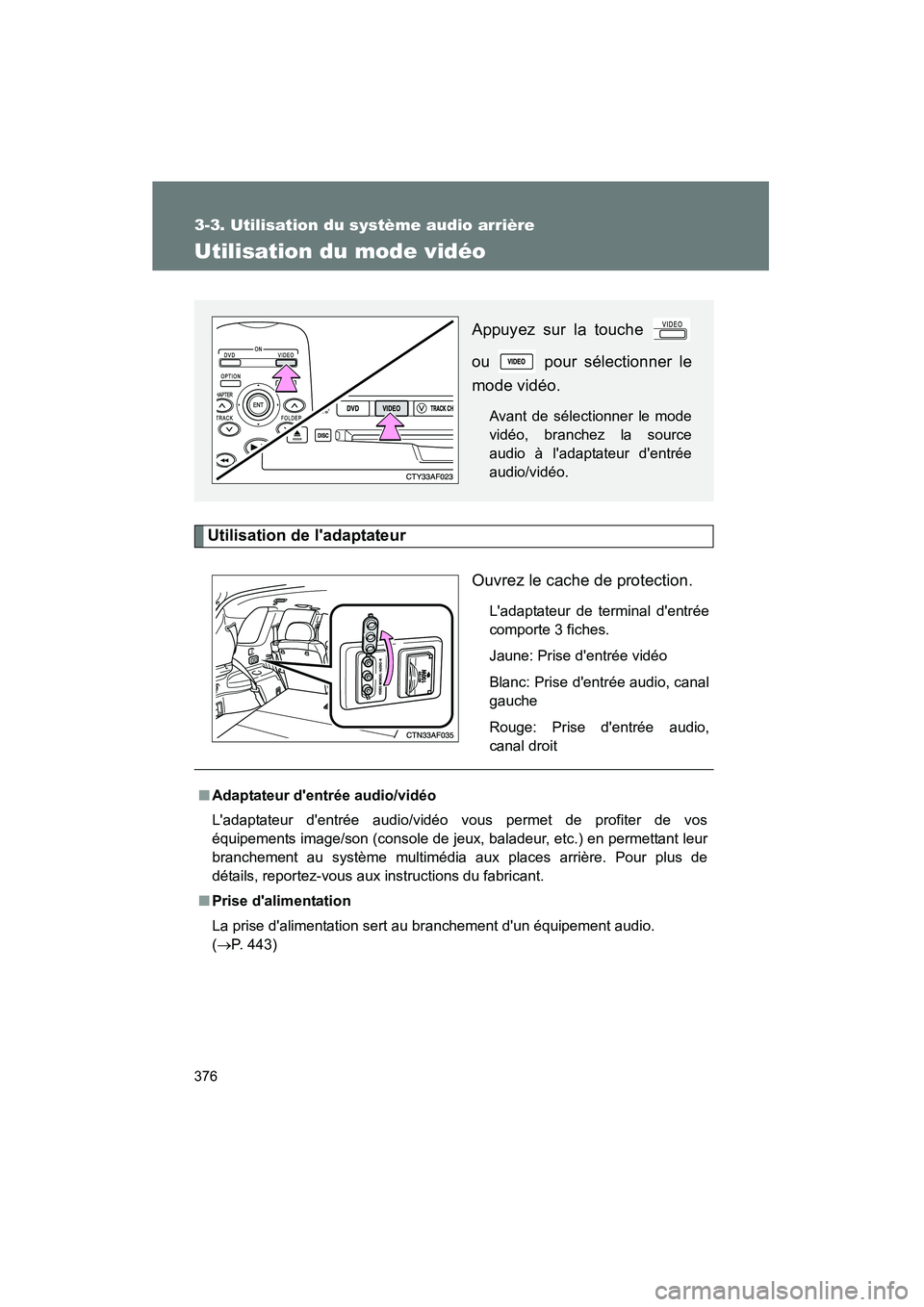 TOYOTA HIGHLANDER 2010  Manuel du propriétaire (in French) 376
3-3. Utilisation du système audio arrière
Highlander_D
Utilisation du mode vidéo
Utilisation de ladaptateurOuvrez le cache de protection.
Ladaptateur de terminal dentrée
comporte 3 fiches.
