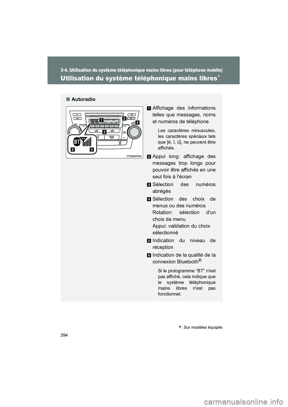 TOYOTA HIGHLANDER 2010 Manuel du propriétaire (in French) 394
3-4. Utilisation du système téléphonique mains libres (pour téléphone mobile)
Highlander_D
Utilisation du système téléphonique mains libres∗
∗: Sur modèles équipés
■Autoradio
Affi TOYOTA HIGHLANDER 2010 Manuel du propriétaire (in French) 394
3-4. Utilisation du système téléphonique mains libres (pour téléphone mobile)
Highlander_D
Utilisation du système téléphonique mains libres∗
∗: Sur modèles équipés
■Autoradio
Affi