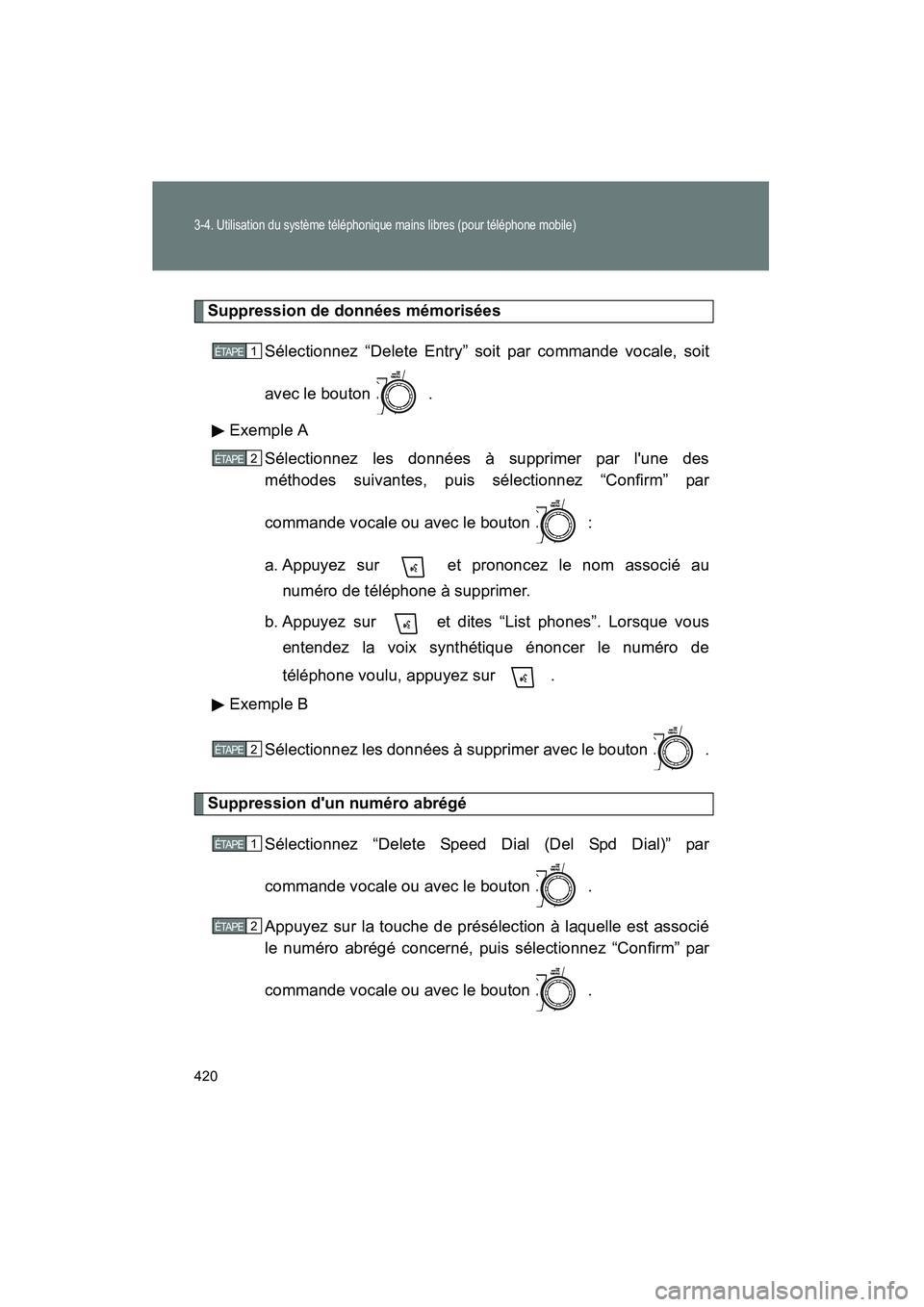 TOYOTA HIGHLANDER 2010 Manuel du propriétaire (in French) 420
3-4. Utilisation du système téléphonique mains libres (pour téléphone mobile)
Highlander_D
Suppression de données mémoriséesSélectionnez “Delete Entry” soit par commande vocale, soit
TOYOTA HIGHLANDER 2010 Manuel du propriétaire (in French) 420
3-4. Utilisation du système téléphonique mains libres (pour téléphone mobile)
Highlander_D
Suppression de données mémoriséesSélectionnez “Delete Entry” soit par commande vocale, soit