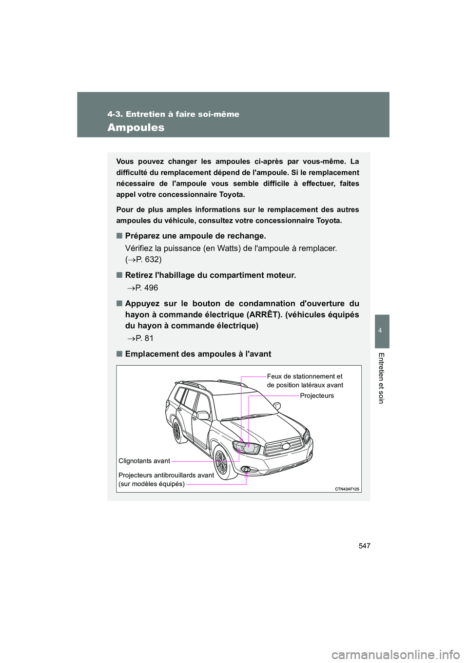 TOYOTA HIGHLANDER 2010 Manuel du propriétaire (in French) 547
4-3. Entretien à faire soi-même
4
Entretien et soin
Highlander_D
Ampoules
Vous pouvez changer les ampoules ci-après par vous-même. La
difficulté du remplacement dépend de lampoule. Si le re TOYOTA HIGHLANDER 2010 Manuel du propriétaire (in French) 547
4-3. Entretien à faire soi-même
4
Entretien et soin
Highlander_D
Ampoules
Vous pouvez changer les ampoules ci-après par vous-même. La
difficulté du remplacement dépend de lampoule. Si le re