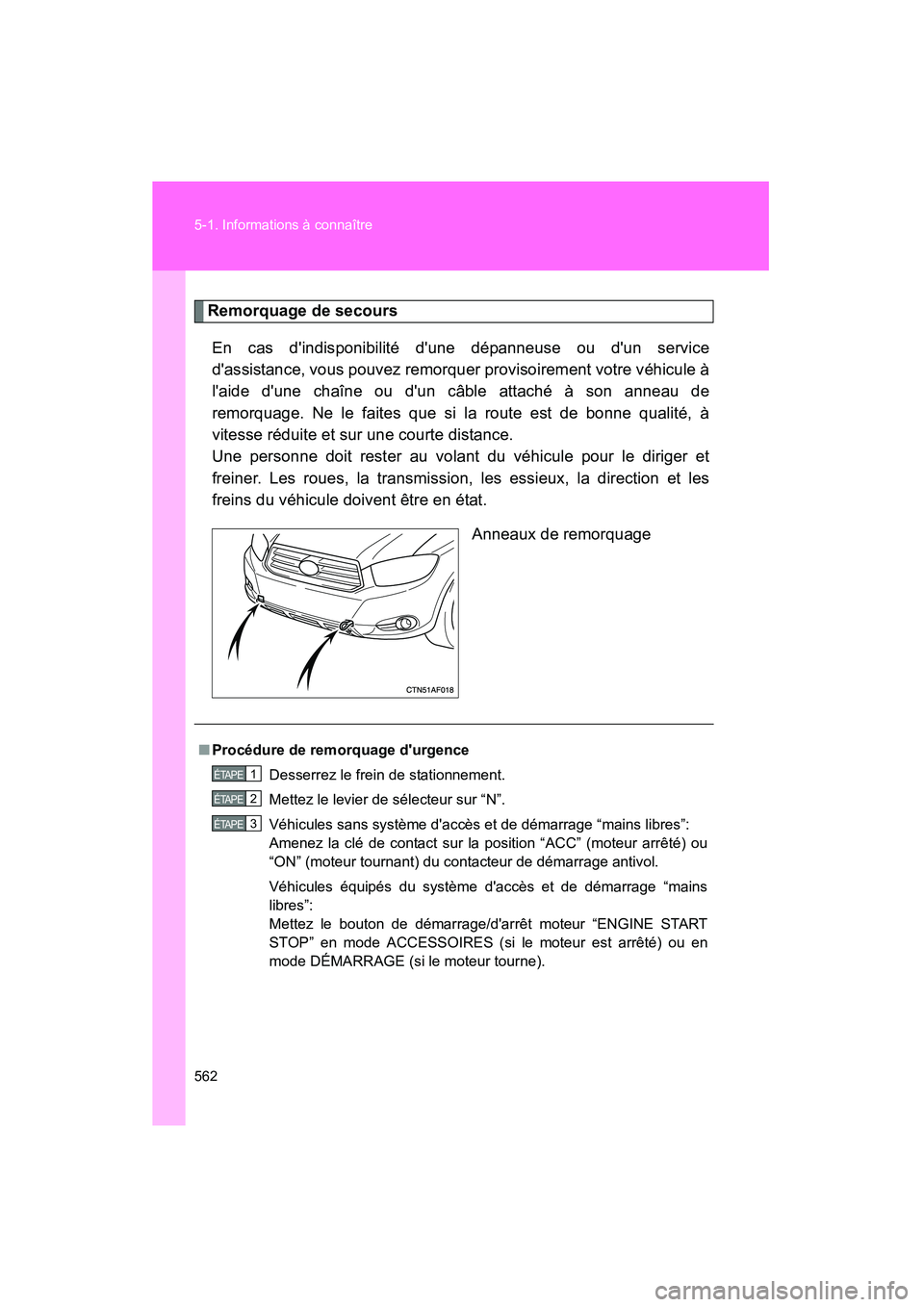 TOYOTA HIGHLANDER 2010 Manuel du propriétaire (in French) 562 5-1. Informations à connaître
Highlander_D
Remorquage de secoursEn cas dindisponibilité dune dépanneuse ou dun service
dassistance, vous pouvez remorquer provisoirement votre véhicule à
TOYOTA HIGHLANDER 2010 Manuel du propriétaire (in French) 562 5-1. Informations à connaître
Highlander_D
Remorquage de secoursEn cas dindisponibilité dune dépanneuse ou dun service
dassistance, vous pouvez remorquer provisoirement votre véhicule à