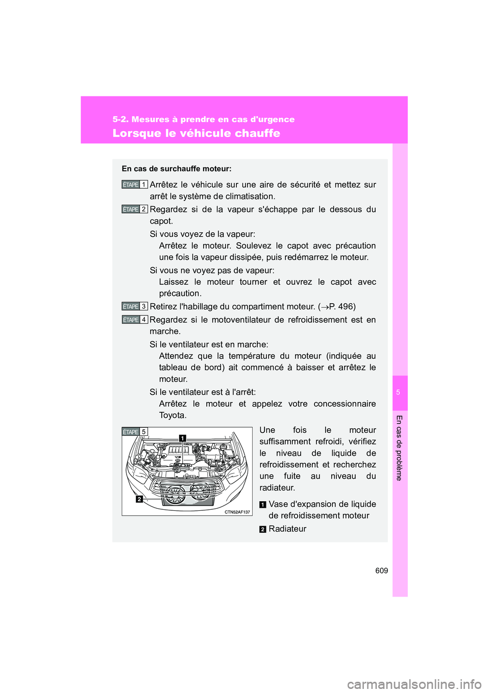 TOYOTA HIGHLANDER 2010 Manuel du propriétaire (in French) 5
En cas de problème
609
5-2. Mesures à prendre en cas durgence
Highlander_D
Lorsque le véhicule chauffe
En cas de surchauffe moteur:
Arrêtez le véhicule sur une aire de sécurité et mettez sur TOYOTA HIGHLANDER 2010 Manuel du propriétaire (in French) 5
En cas de problème
609
5-2. Mesures à prendre en cas durgence
Highlander_D
Lorsque le véhicule chauffe
En cas de surchauffe moteur:
Arrêtez le véhicule sur une aire de sécurité et mettez sur