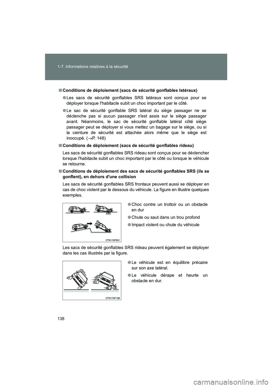 TOYOTA HIGHLANDER 2008 Manuel du propriétaire (in French) 138 1-7. Informations relatives à la sécurité
Highlander_D_(L/O_0705)
■Conditions de déploiement (sacs de sécurité gonflables latéraux)
●Les sacs de sécurité gonflables SRS latéraux sont TOYOTA HIGHLANDER 2008 Manuel du propriétaire (in French) 138 1-7. Informations relatives à la sécurité
Highlander_D_(L/O_0705)
■Conditions de déploiement (sacs de sécurité gonflables latéraux)
●Les sacs de sécurité gonflables SRS latéraux sont