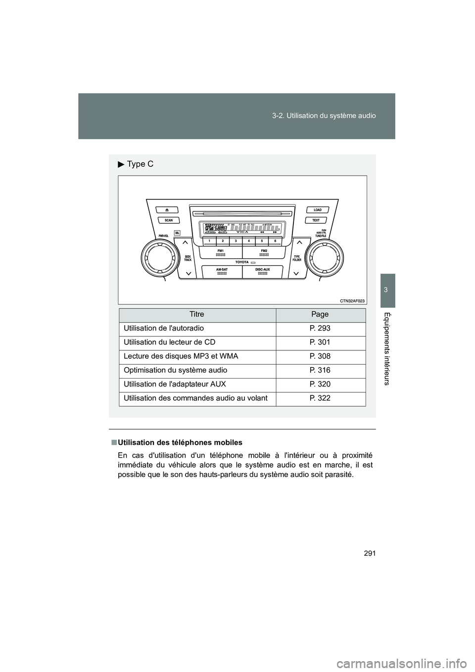 TOYOTA HIGHLANDER 2008  Manuel du propriétaire (in French) 291
3-2. Utilisation du système audio
3
Équipements intérieurs
Highlander_D_(L/O_0705)
■
Utilisation des téléphones mobiles
En cas dutilisation dun téléphone mobile à lintérieur ou à pr