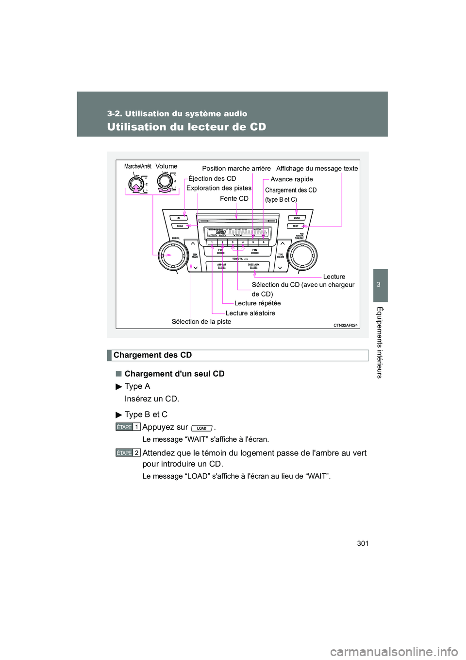TOYOTA HIGHLANDER 2008 Manuel du propriétaire (in French) 301
3-2. Utilisation du système audio
3
Équipements intérieurs
Highlander_D_(L/O_0705)
Utilisation du lecteur de CD
Chargement des CD■ Chargement dun seul CD
Type A
Insérez un CD.
Type B et C
A TOYOTA HIGHLANDER 2008 Manuel du propriétaire (in French) 301
3-2. Utilisation du système audio
3
Équipements intérieurs
Highlander_D_(L/O_0705)
Utilisation du lecteur de CD
Chargement des CD■ Chargement dun seul CD
Type A
Insérez un CD.
Type B et C
A